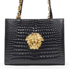 GIANNI VERSACE Vintage black mock croc gold Medusa Greca long shoulder strap bag