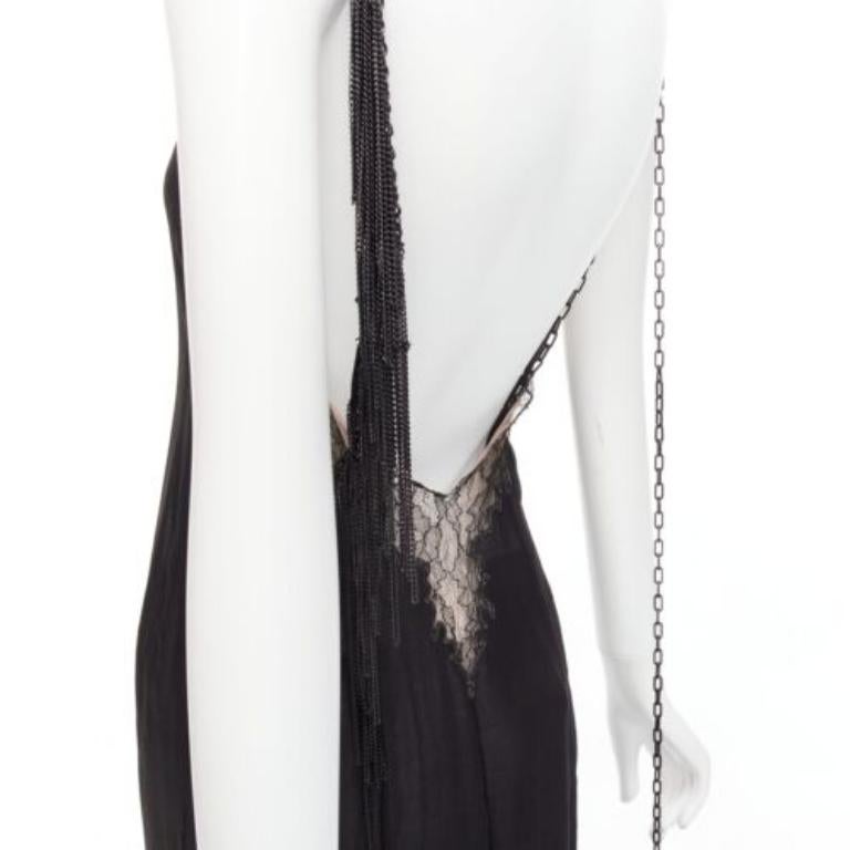 Black GIANNI VERSACE Vintage black punk chain detail lace trim sheer long gown IT38 XS For Sale