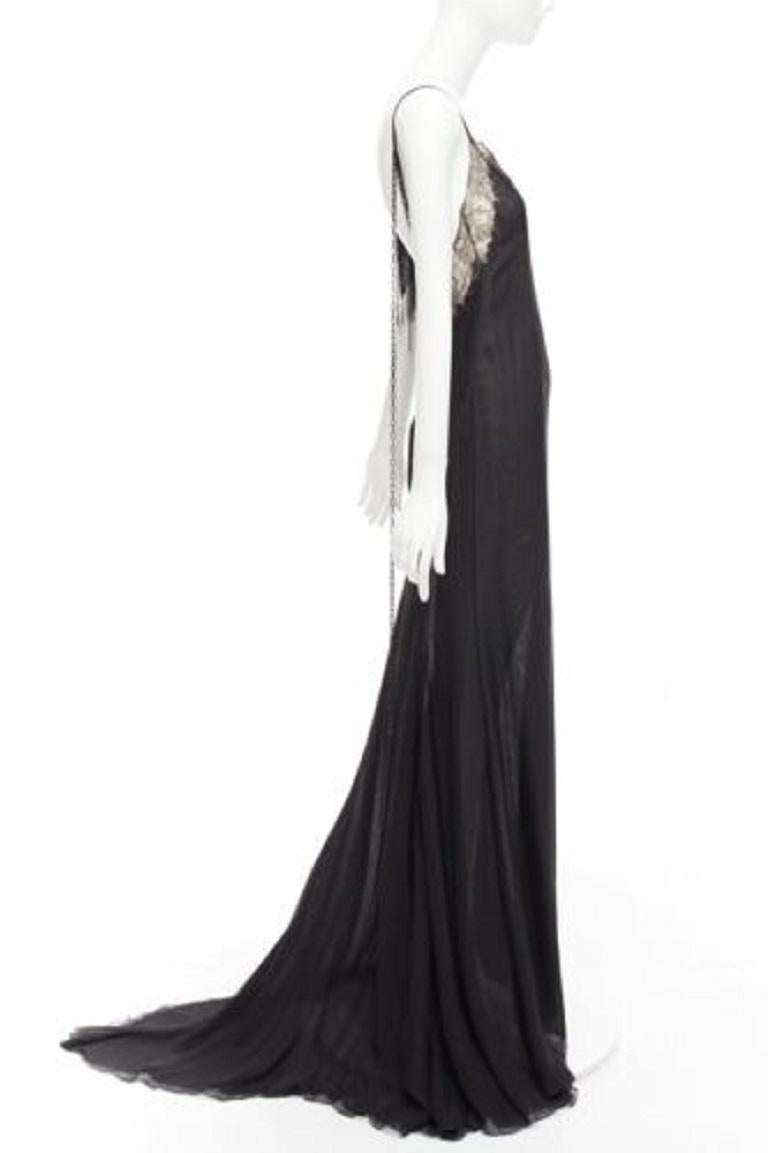 GIANNI VERSACE Vintage black punk chain detail lace trim sheer long gown IT38 XS In Good Condition For Sale In Hong Kong, NT