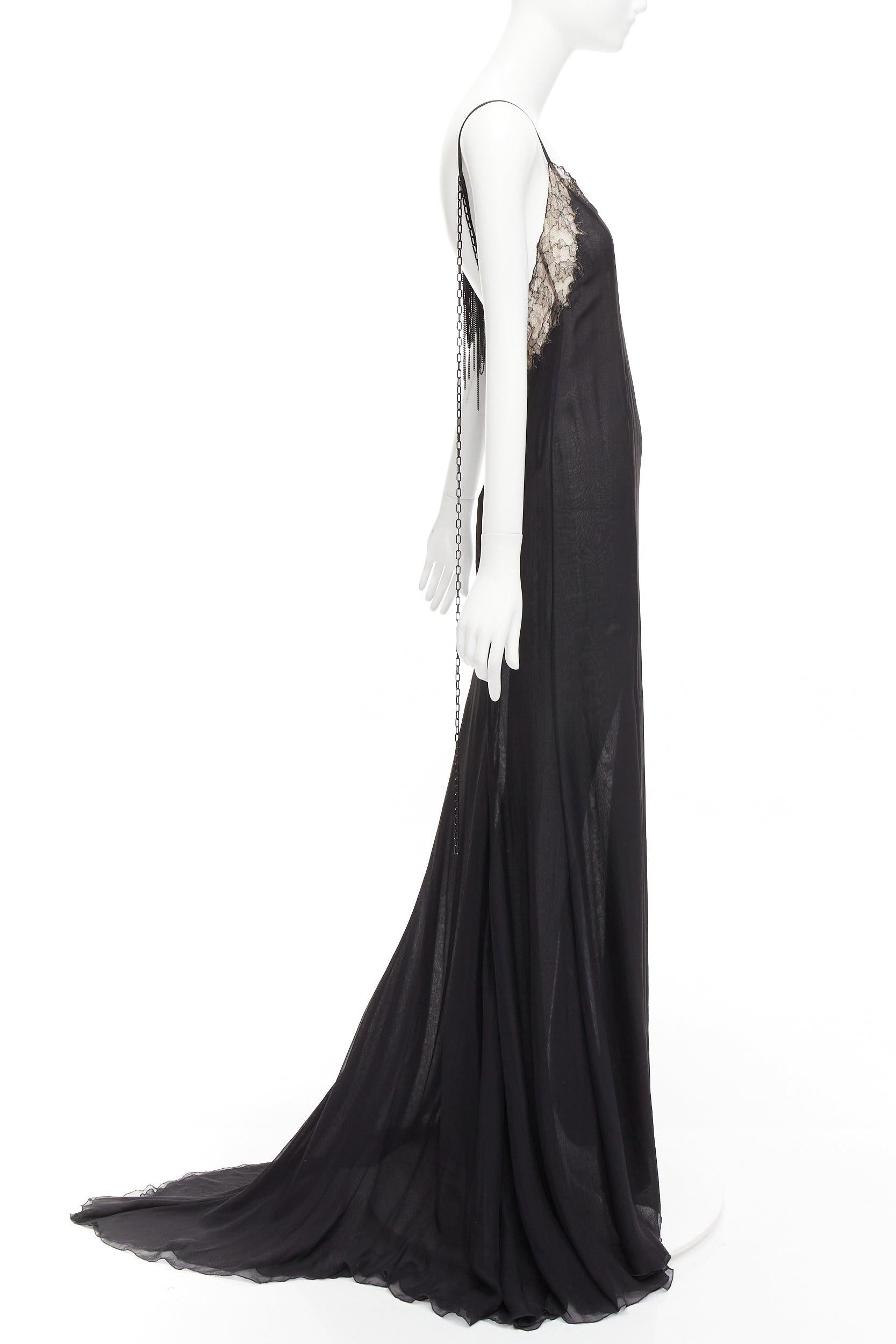 Women's GIANNI VERSACE Vintage black punk chain detail lace trim sheer long gown IT38 XS For Sale
