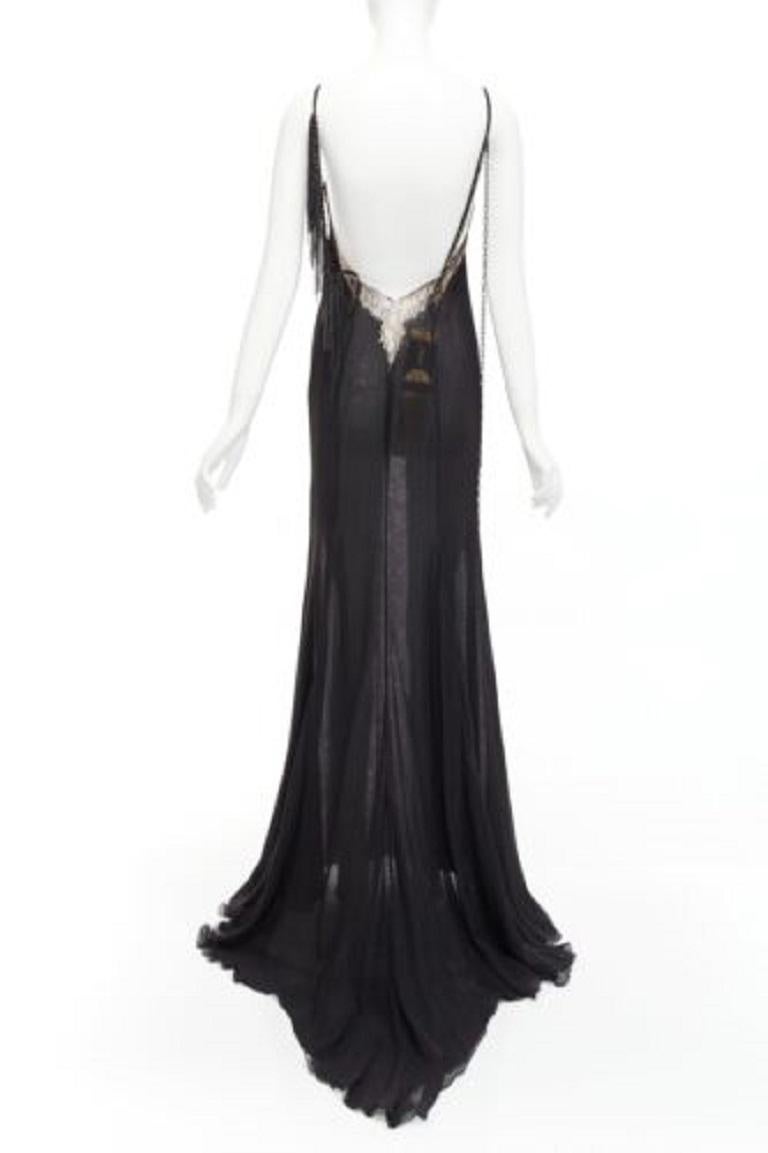 Women's GIANNI VERSACE Vintage black punk chain detail lace trim sheer long gown IT38 XS For Sale