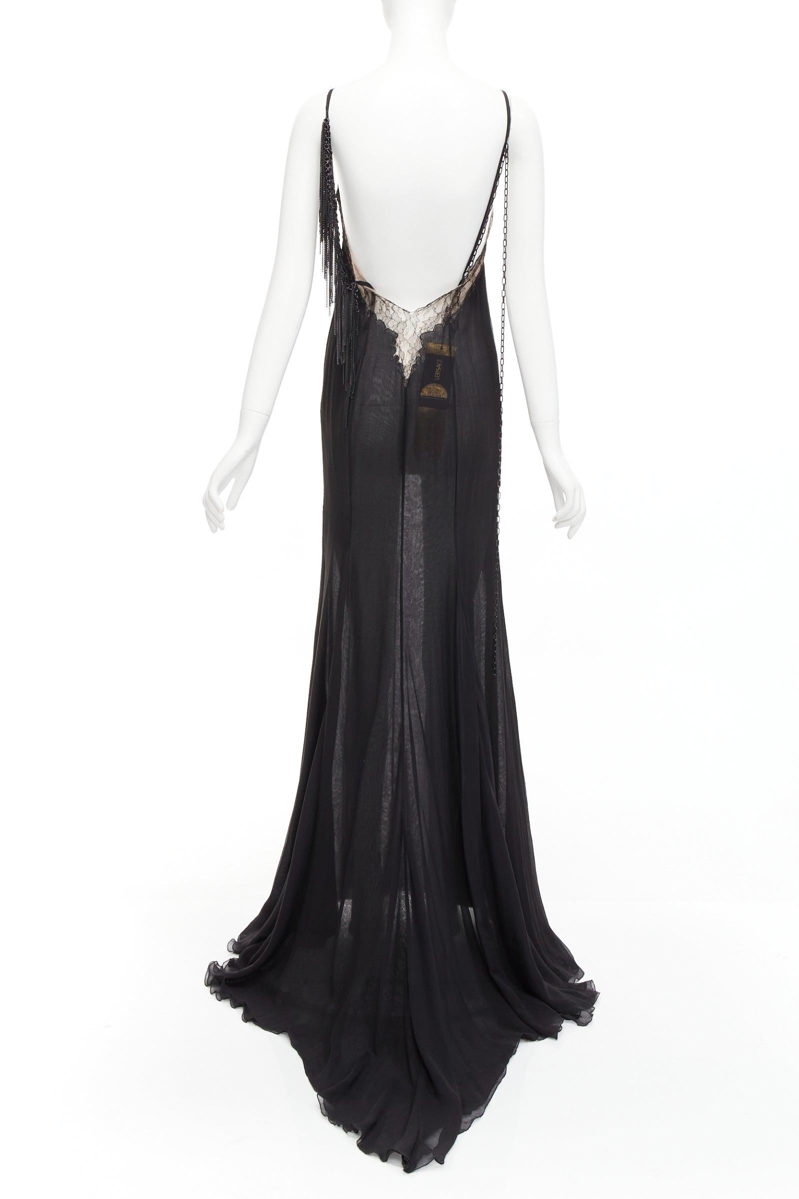 GIANNI VERSACE Vintage black punk chain detail lace trim sheer long gown IT38 XS For Sale 1