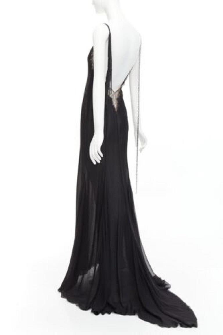 GIANNI VERSACE Vintage black punk chain detail lace trim sheer long gown IT38 XS For Sale 1