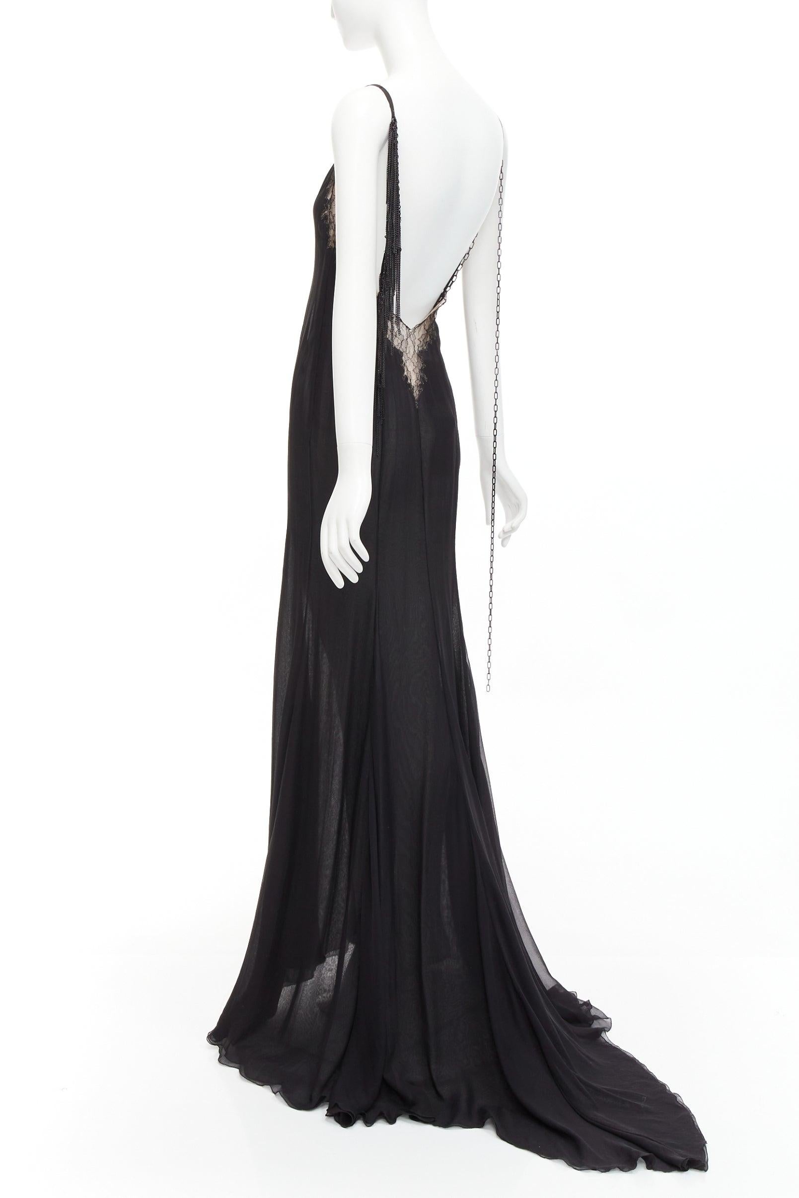 GIANNI VERSACE Vintage black punk chain detail lace trim sheer long gown IT38 XS For Sale 2