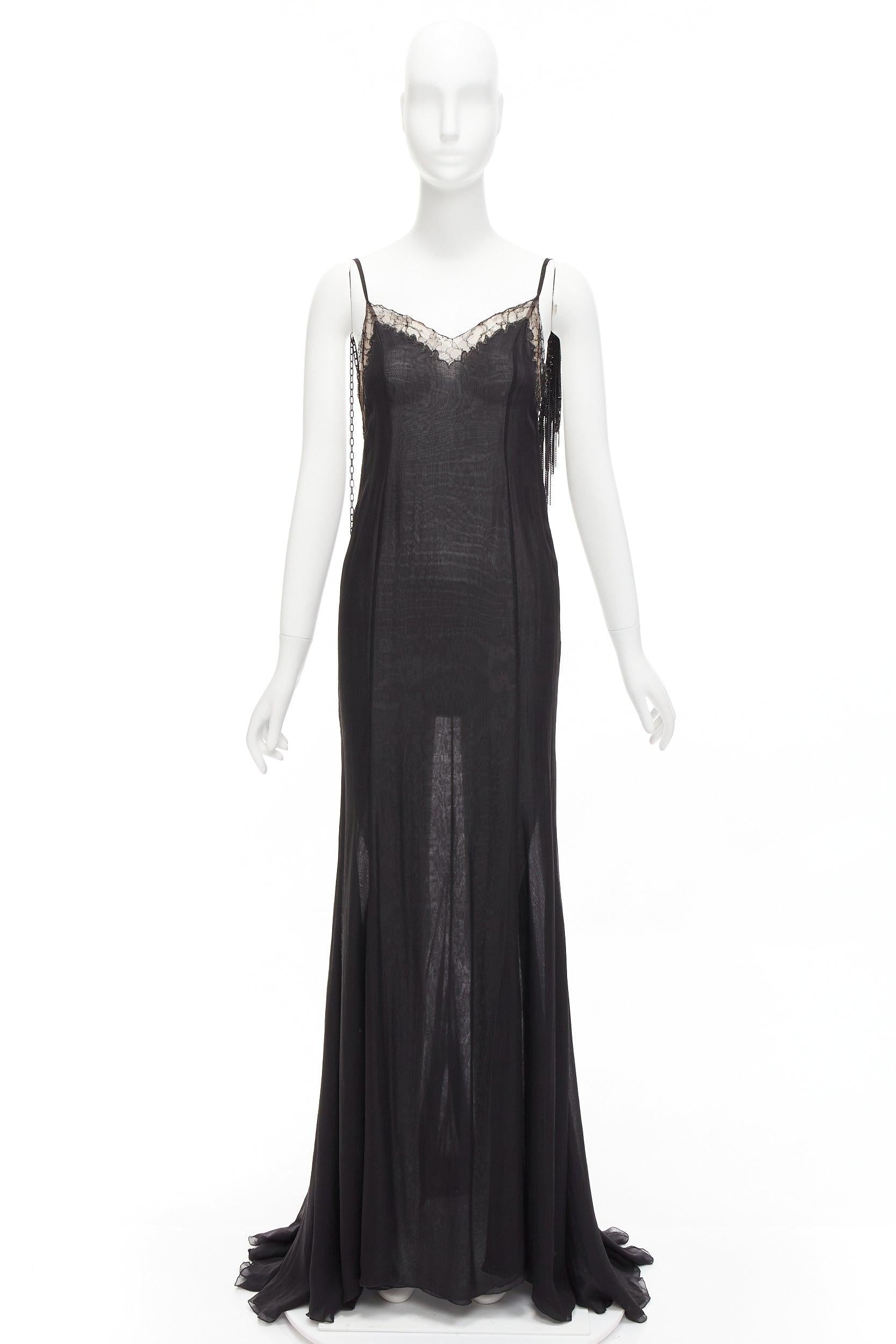 GIANNI VERSACE Vintage black punk chain detail lace trim sheer long gown IT38 XS For Sale 5