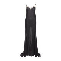 GIANNI VERSACE Vintage black punk chain detail lace trim sheer long gown IT38 XS