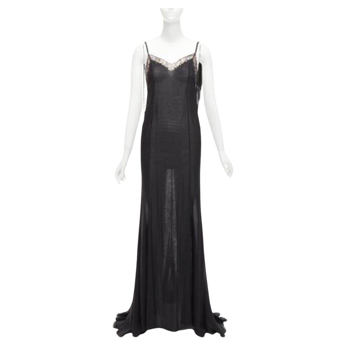 GIANNI VERSACE Vintage black punk chain detail lace trim sheer long gown IT38 XS For Sale