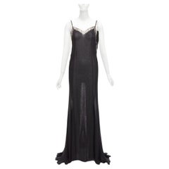 GIANNI VERSACE Vintage black punk chain detail lace trim sheer long gown IT38 XS