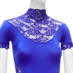 GIANNI VERSACE Vintage blue lace satin panels blue crystal body suit top