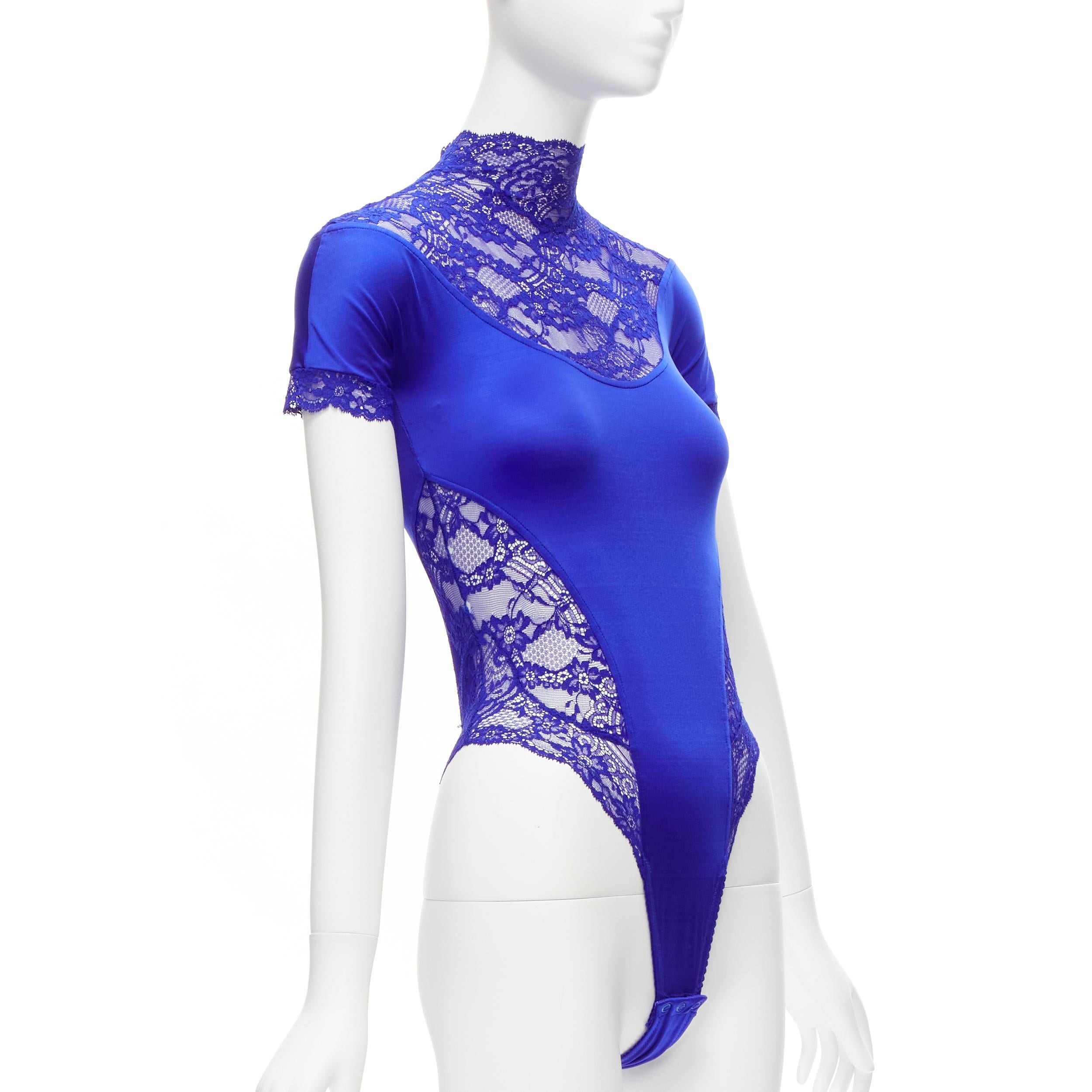 GIANNI VERSACE Vintage blue lace satin panels blue crystal body suit top In Excellent Condition For Sale In Hong Kong, NT