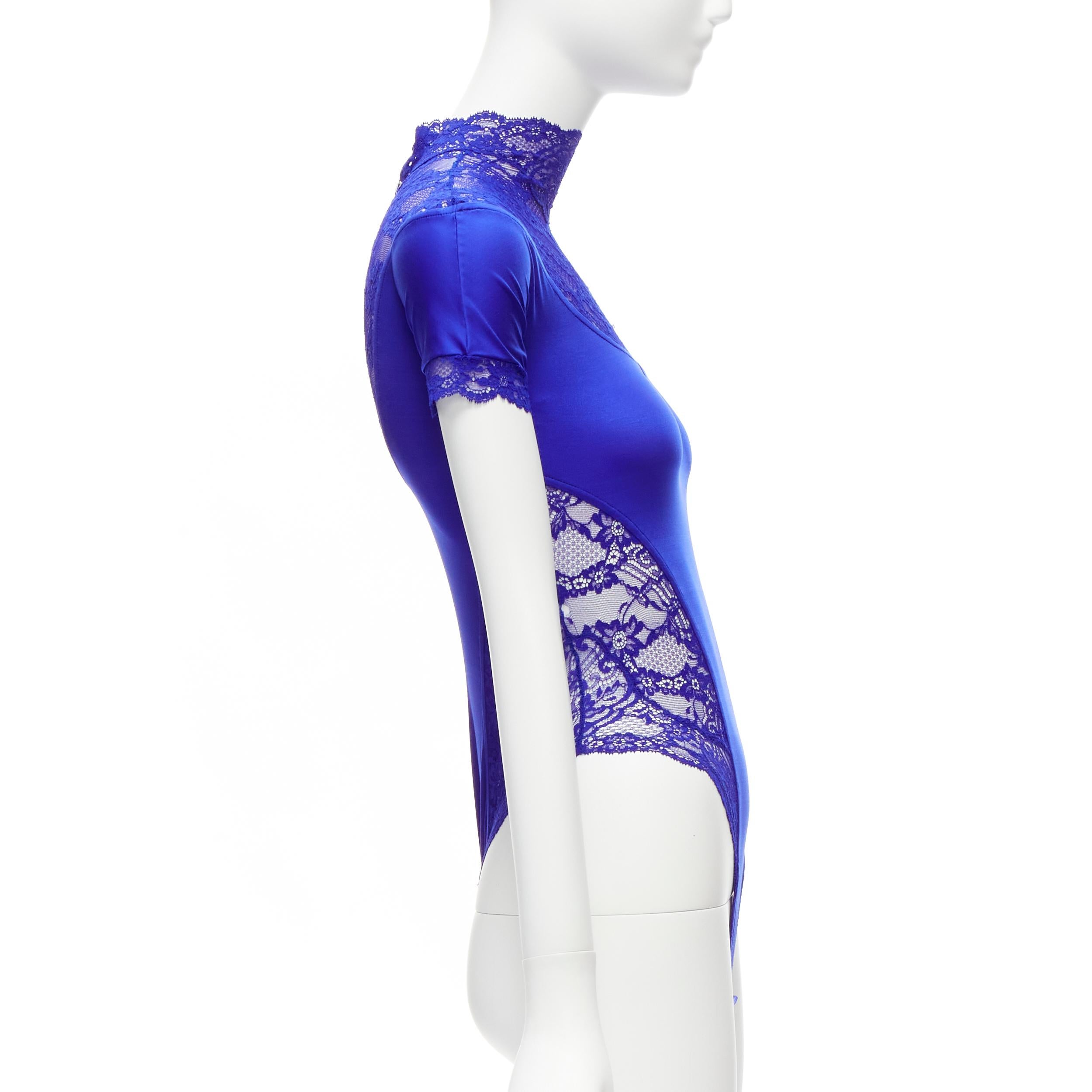 Women's GIANNI VERSACE Vintage blue lace satin panels blue crystal body suit top For Sale
