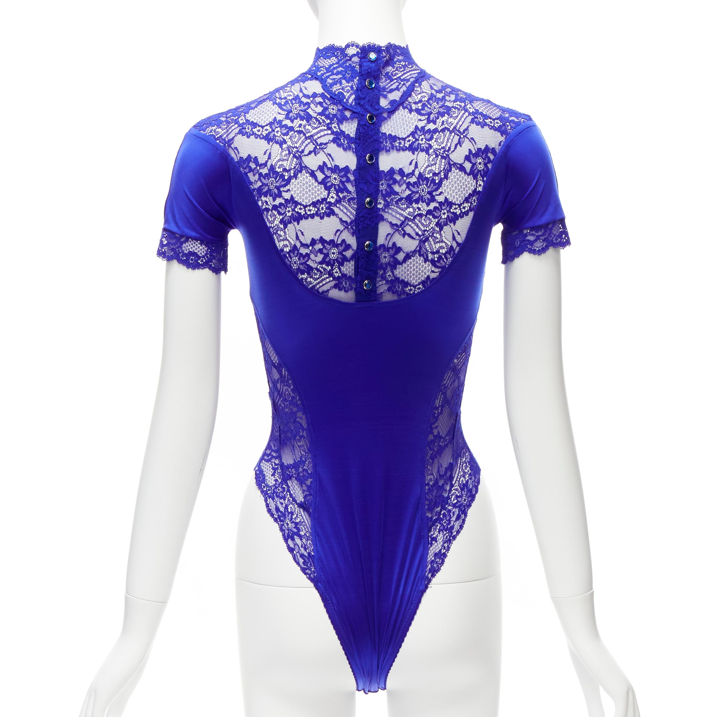 GIANNI VERSACE Vintage blue lace satin panels blue crystal body suit top For Sale 1