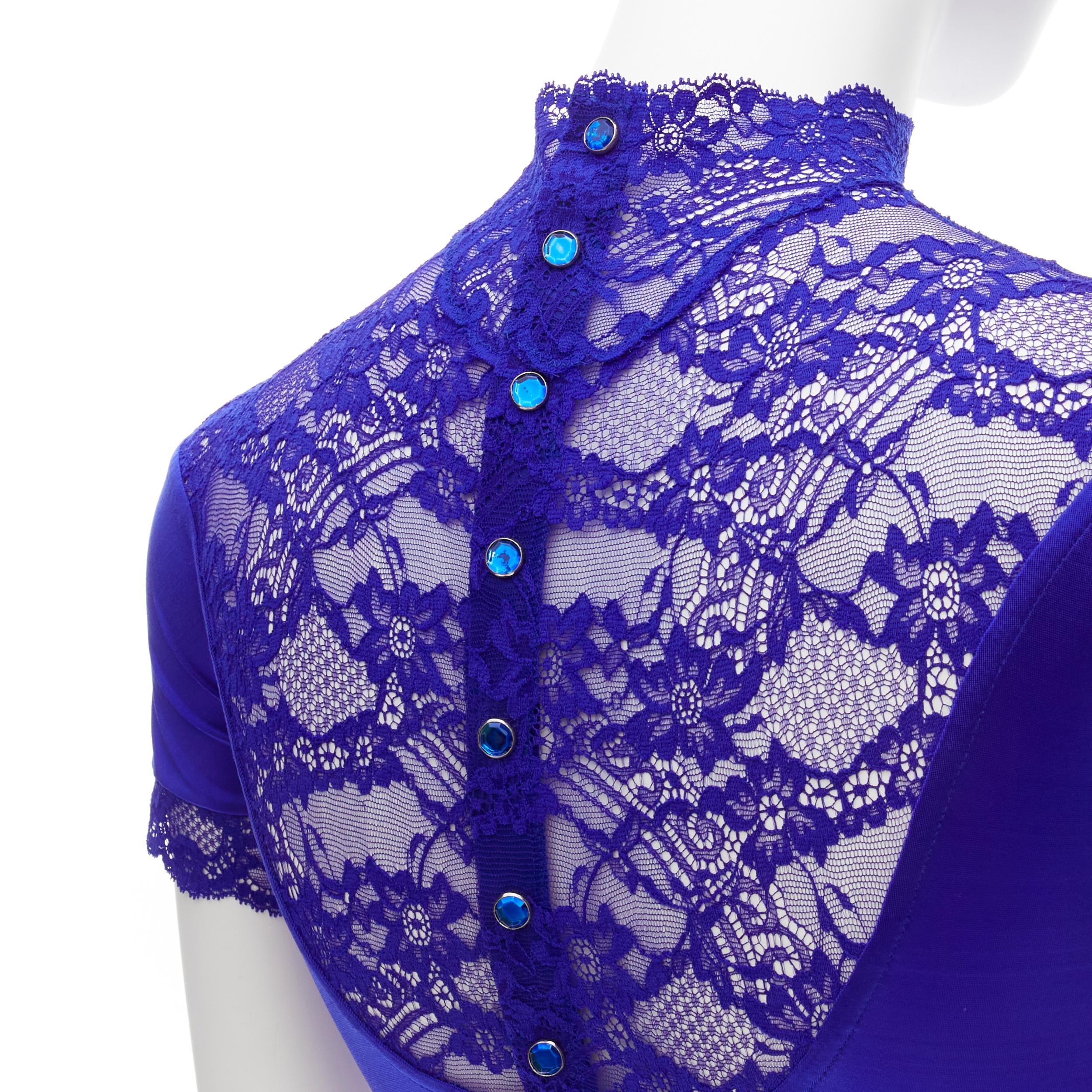 GIANNI VERSACE Vintage blue lace satin panels blue crystal body suit top For Sale 3
