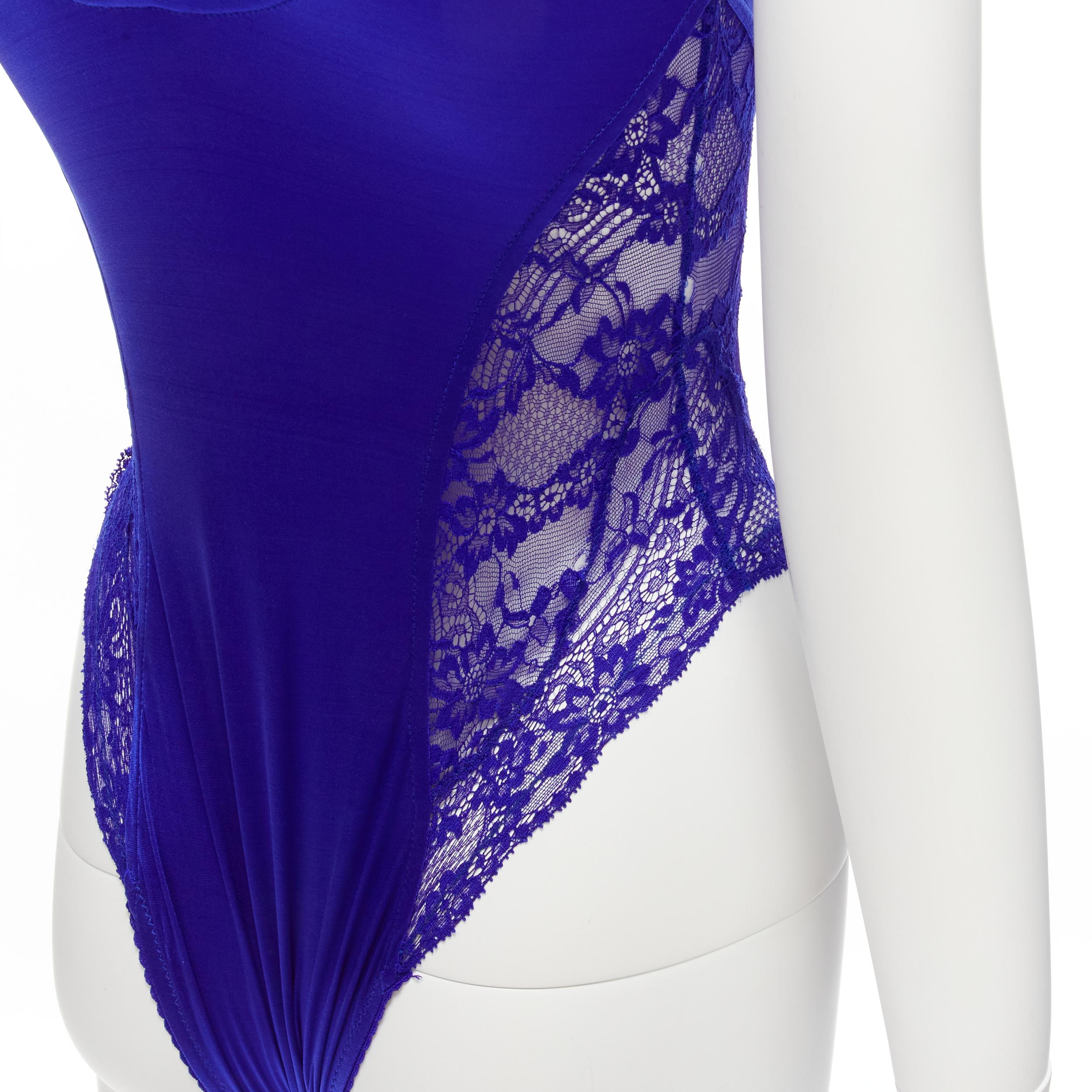 GIANNI VERSACE Vintage blue lace satin panels blue crystal body suit top For Sale 4