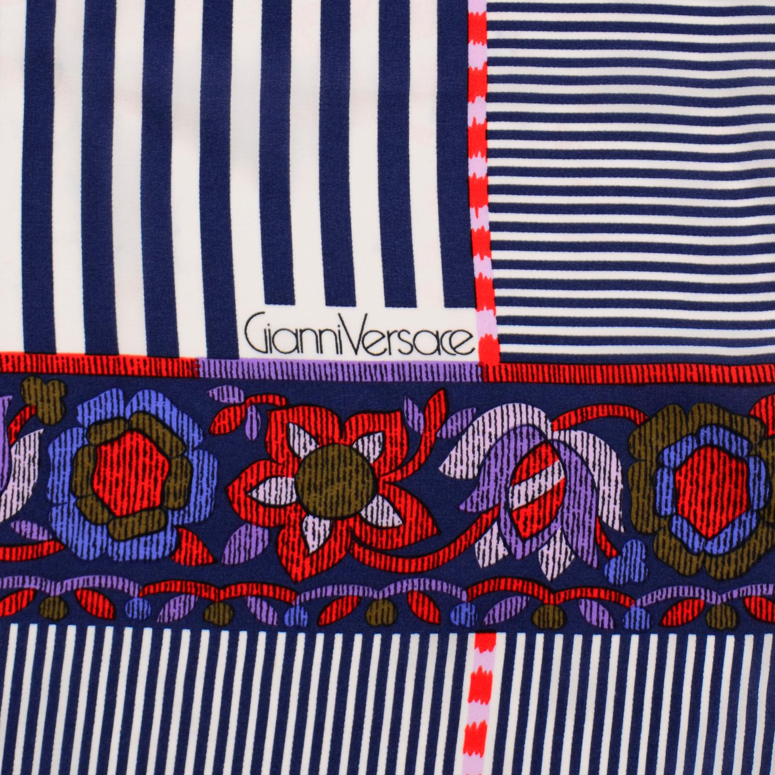 Purple Gianni Versace Vintage Blue & White Stripe Chevron Floral Silk Scarf