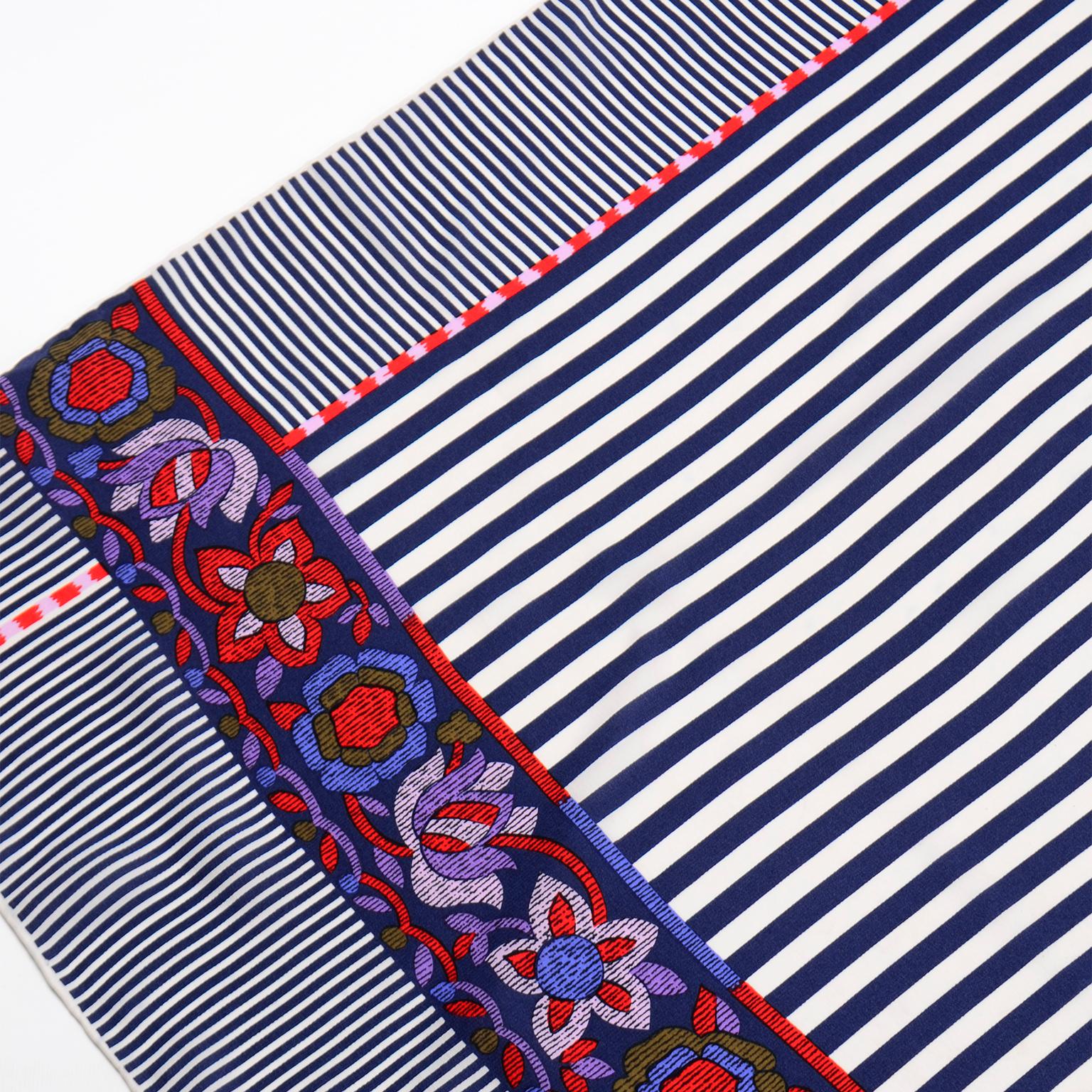 Gianni Versace Vintage Blue & White Stripe Chevron Floral Silk Scarf In Excellent Condition In Portland, OR