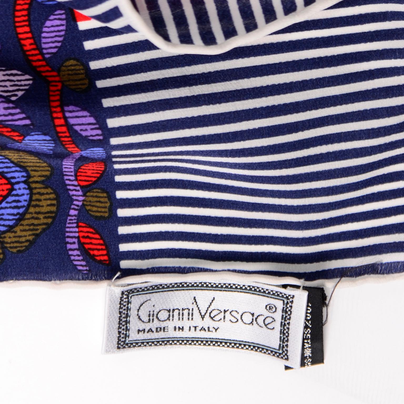 Women's Gianni Versace Vintage Blue & White Stripe Chevron Floral Silk Scarf