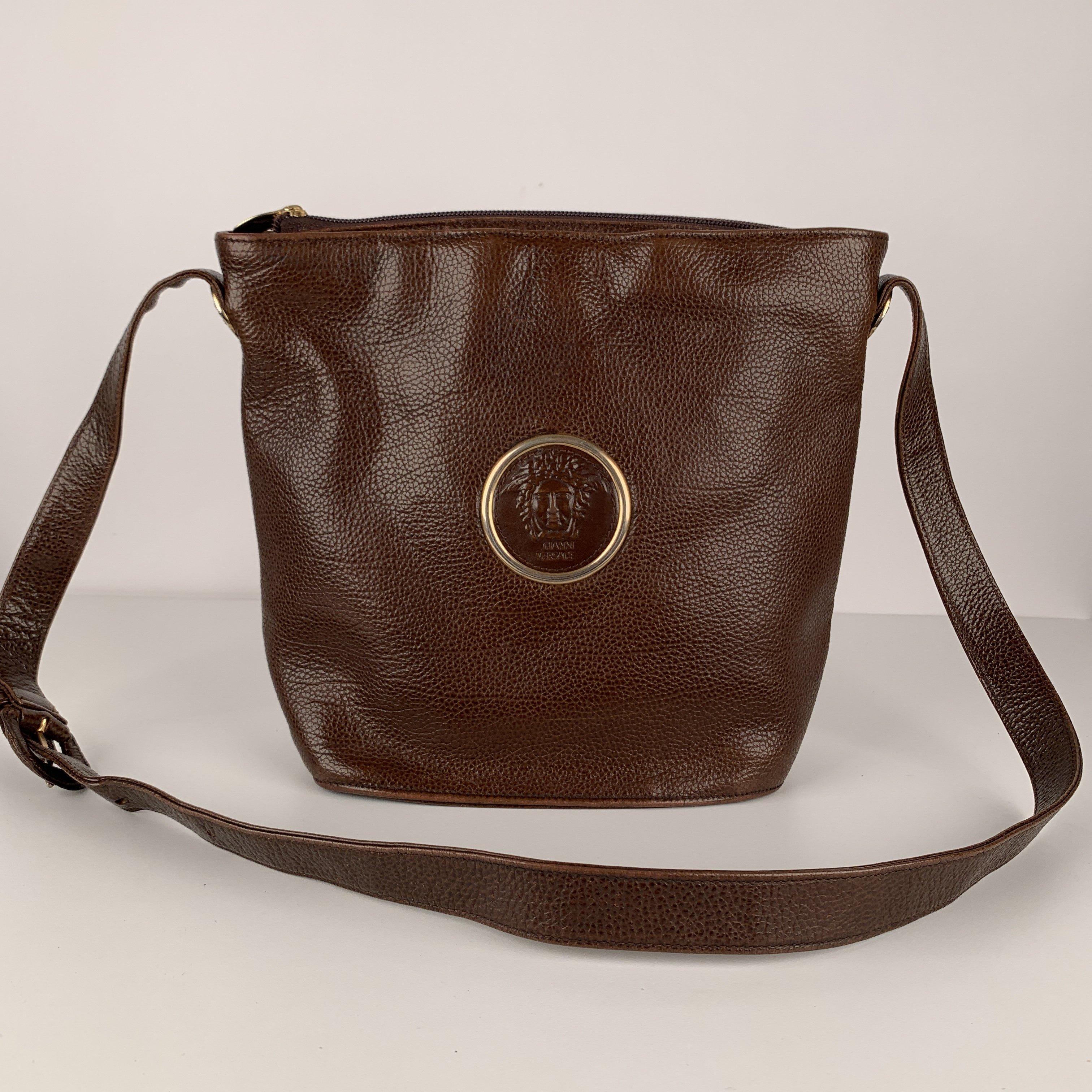 Women's Gianni Versace Vintage Brown Leather Medusa Bucket Shoulder Bag