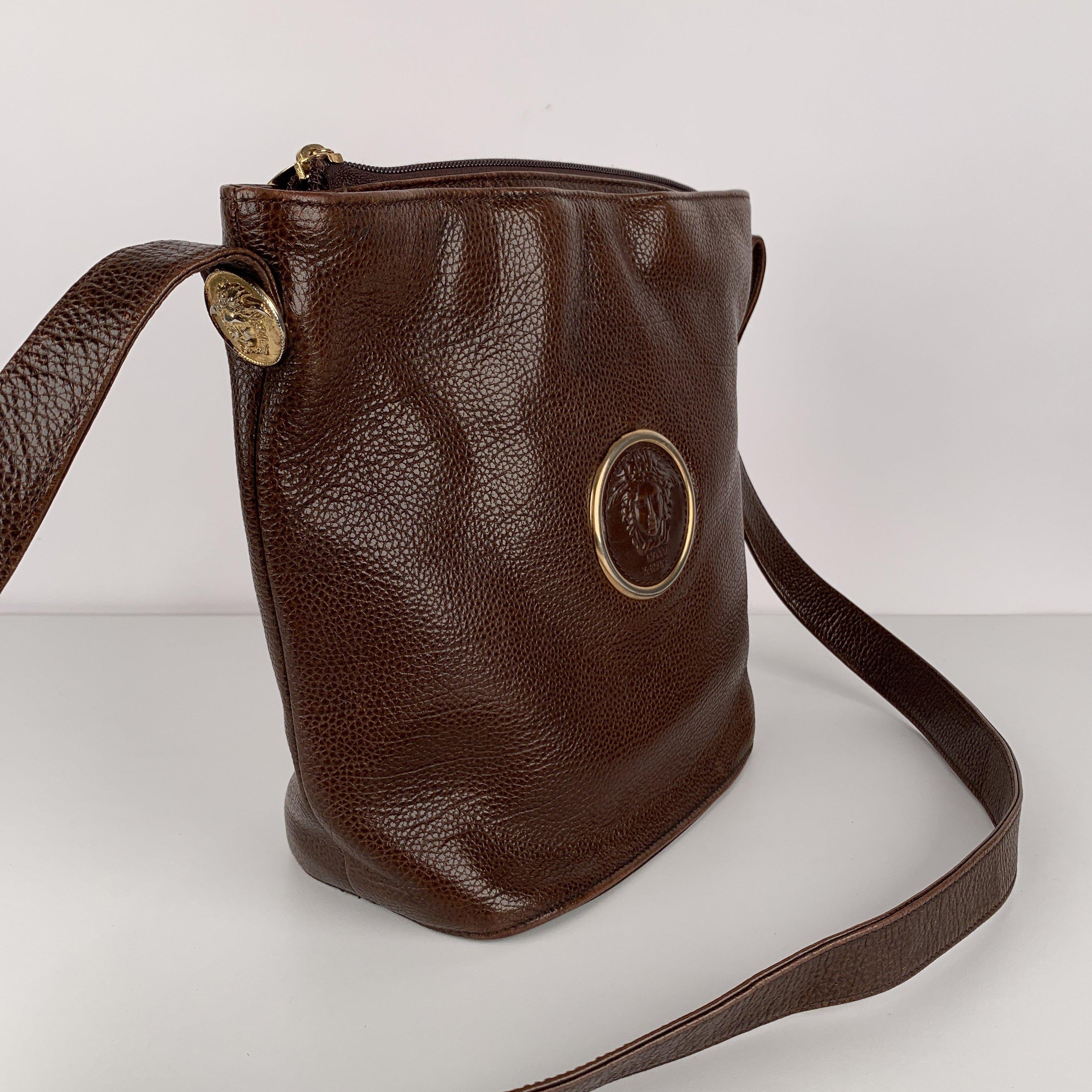 Gianni Versace Vintage Brown Leather Medusa Bucket Shoulder Bag 2