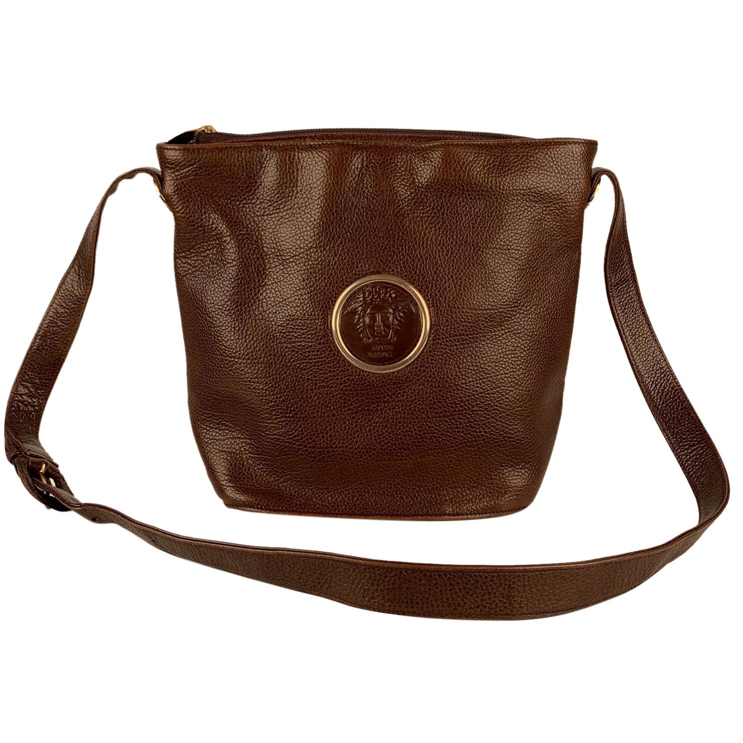 Gianni Versace Vintage Brown Leather Medusa Bucket Shoulder Bag