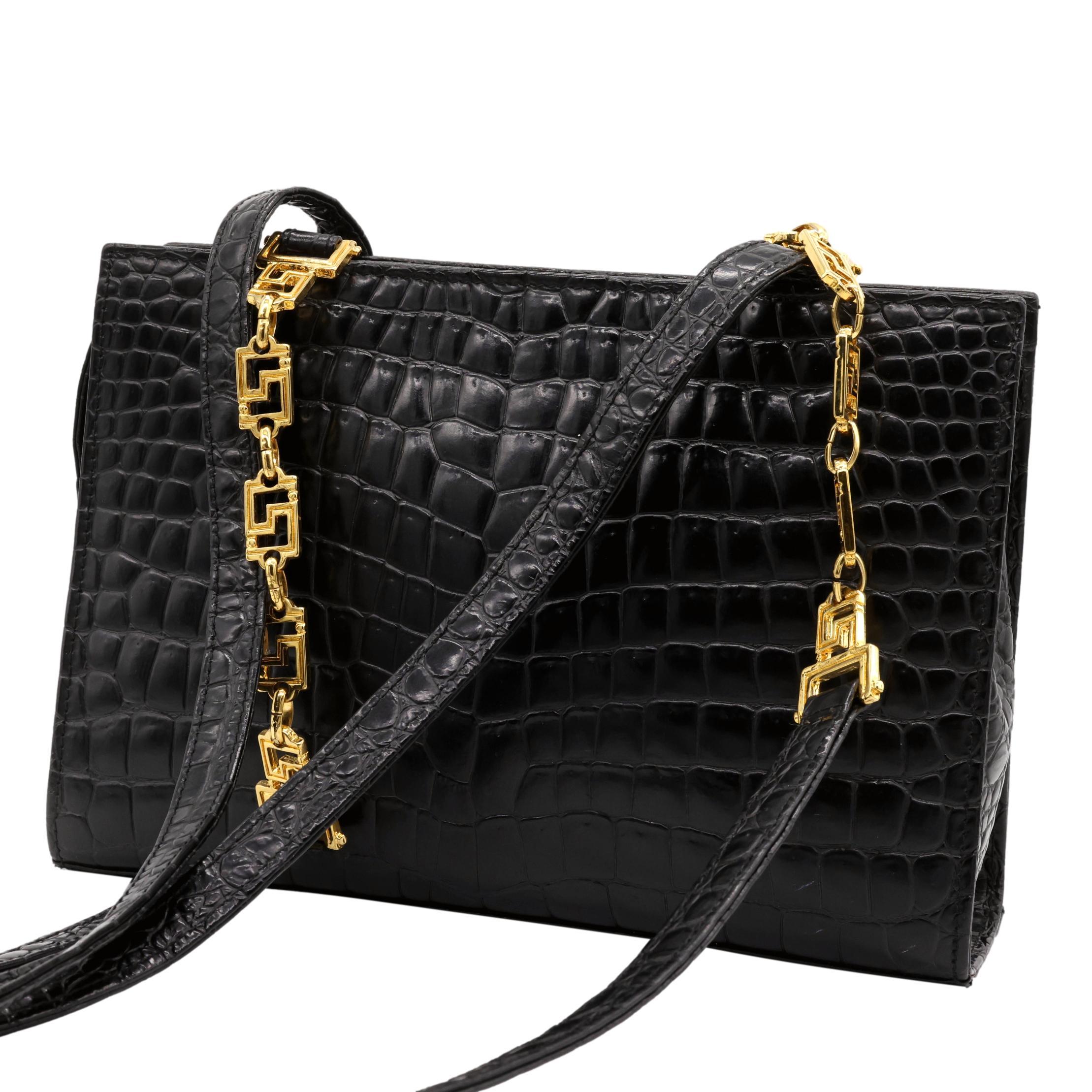 Black Gianni Versace Vintage Embossed Crocodile Medusa Shoulder Crossbody Bag, 1993.