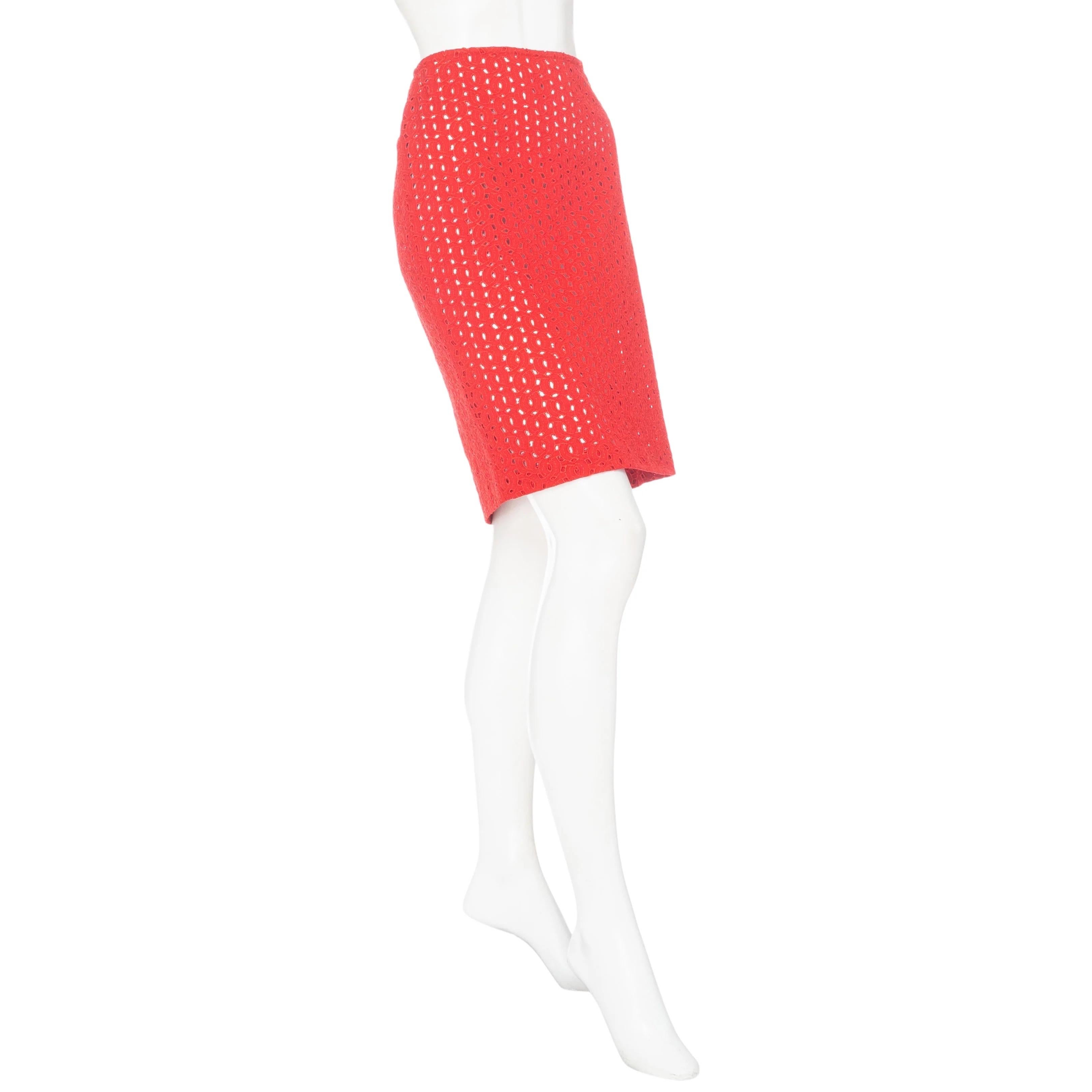 Versace 2002 Red Cotton Eyelet Cutout Pencil Skirt 

Vintage; Spring 2002 Ready-to-Wear
Bright Red
Semi sheer
Eyelet detailing resembling an open stitch
Straight hem
Hidden side zipper closure
Pencil silhouette
Knee-length
Made in Italy
96% cotton,