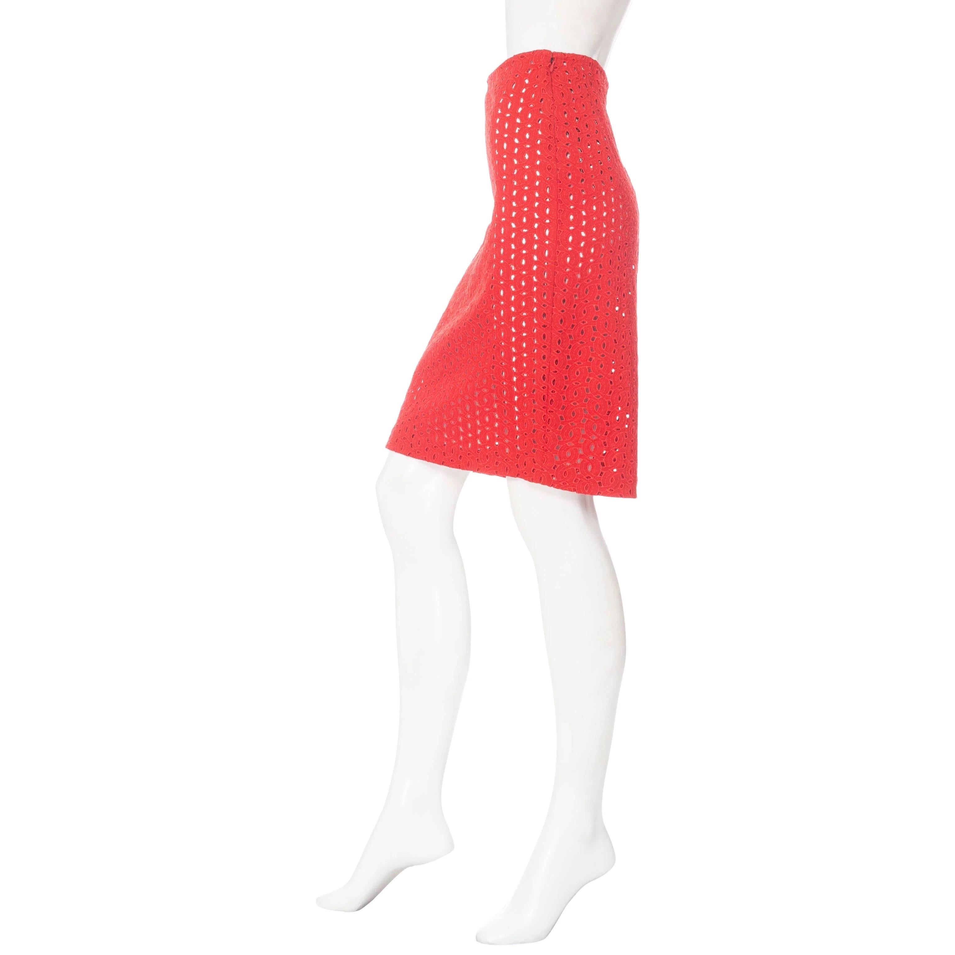 Red Gianni Versace Vintage Eyelet Pencil Skirt Spring2002 Documented For Sale