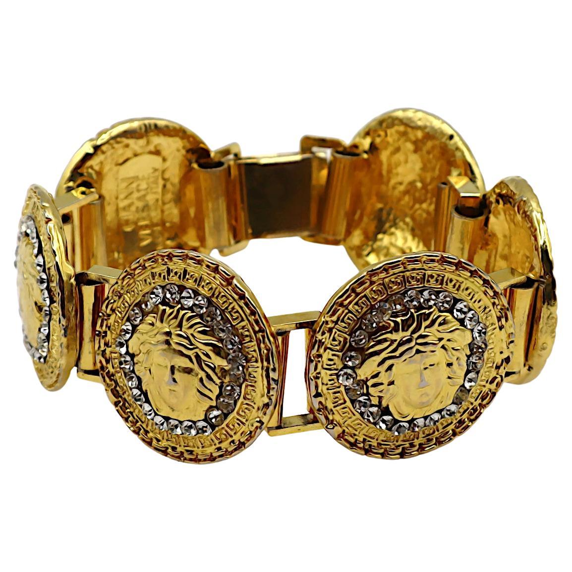 GIANNI VERSACE Vintage Iconic Gold Tone Medusa Crystal Bracelet For Sale