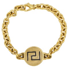 GIANNI VERSACE Vintage Iconic Greca Black Logo Circle Charm Chain Gold Bracelet