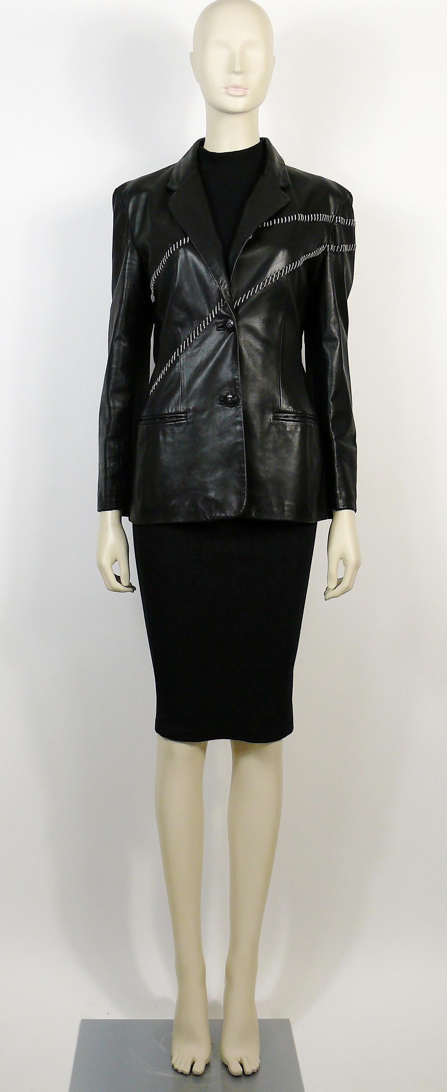 Black Gianni Versace Vintage Leather Blazer with Chains For Sale