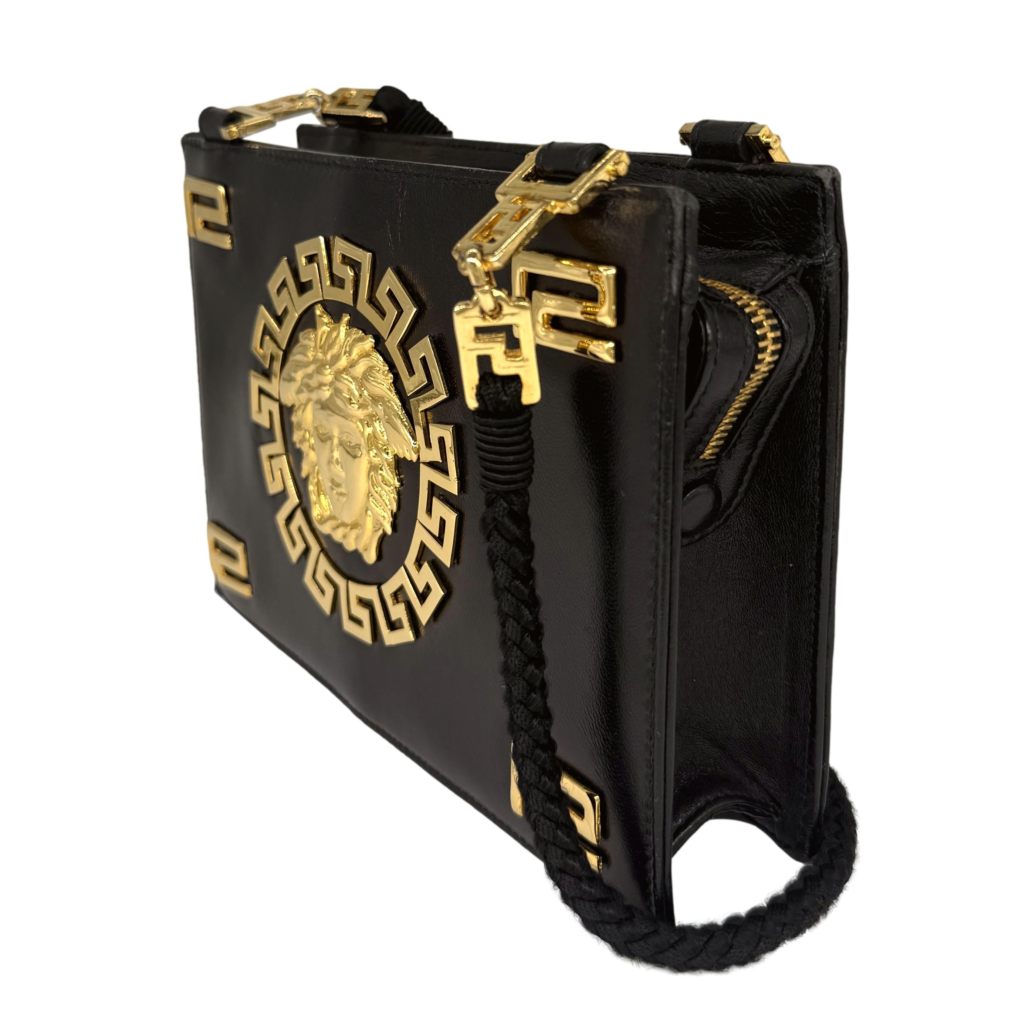 Black Gianni Versace Vintage Medusa Gold & Leather Shoulder Crossbody Bag, F/W 1992.