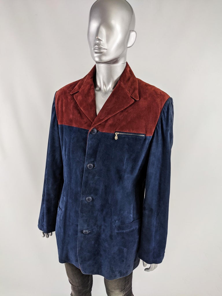 Black Gianni Versace Vintage Mens Red & Blue Suede Color Block Coat Jacket, A/W 1997 For Sale