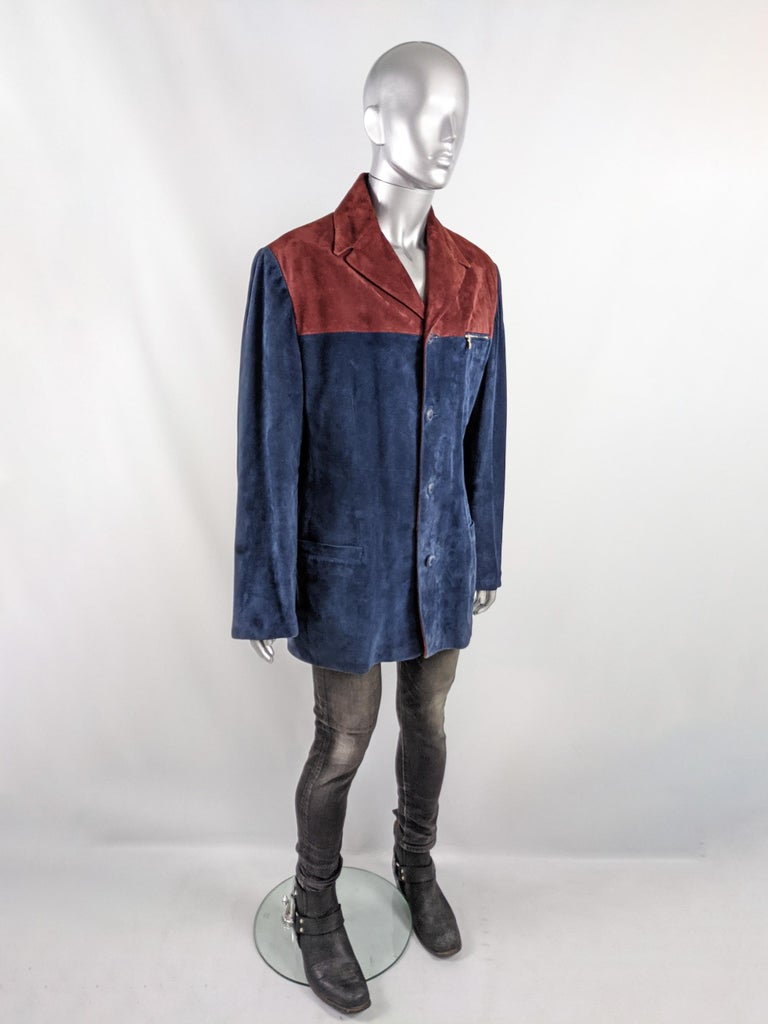Men's Gianni Versace Vintage Mens Red & Blue Suede Color Block Coat Jacket, A/W 1997 For Sale