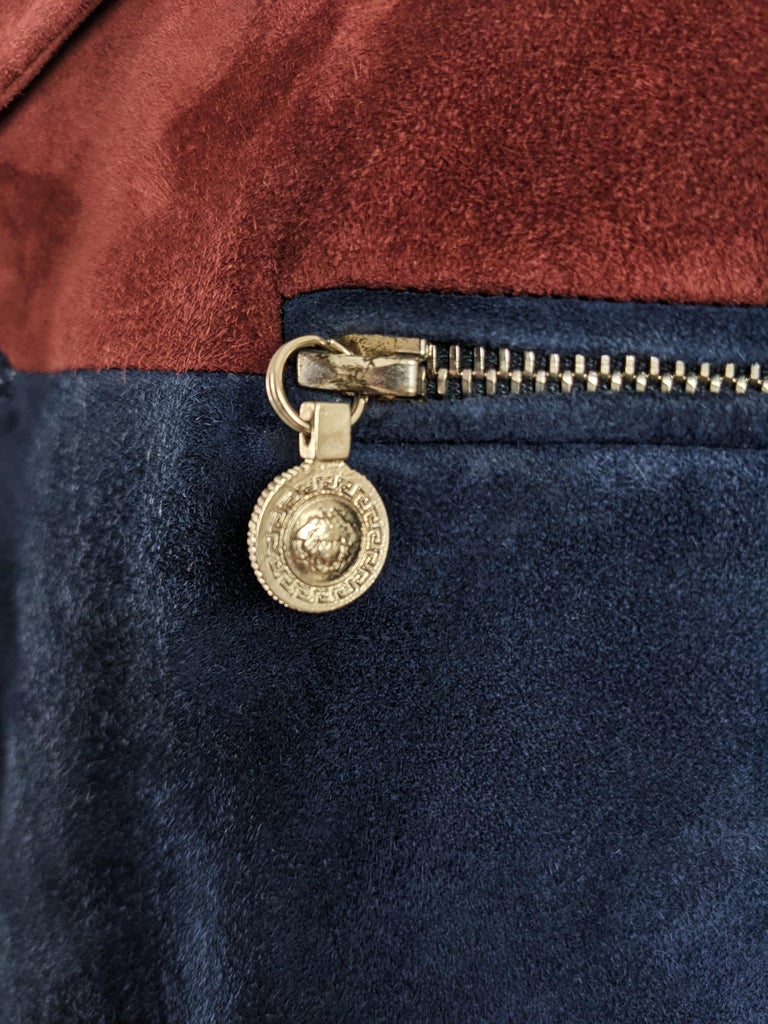 Gianni Versace Vintage Mens Red & Blue Suede Color Block Coat Jacket, A/W 1997 For Sale 1
