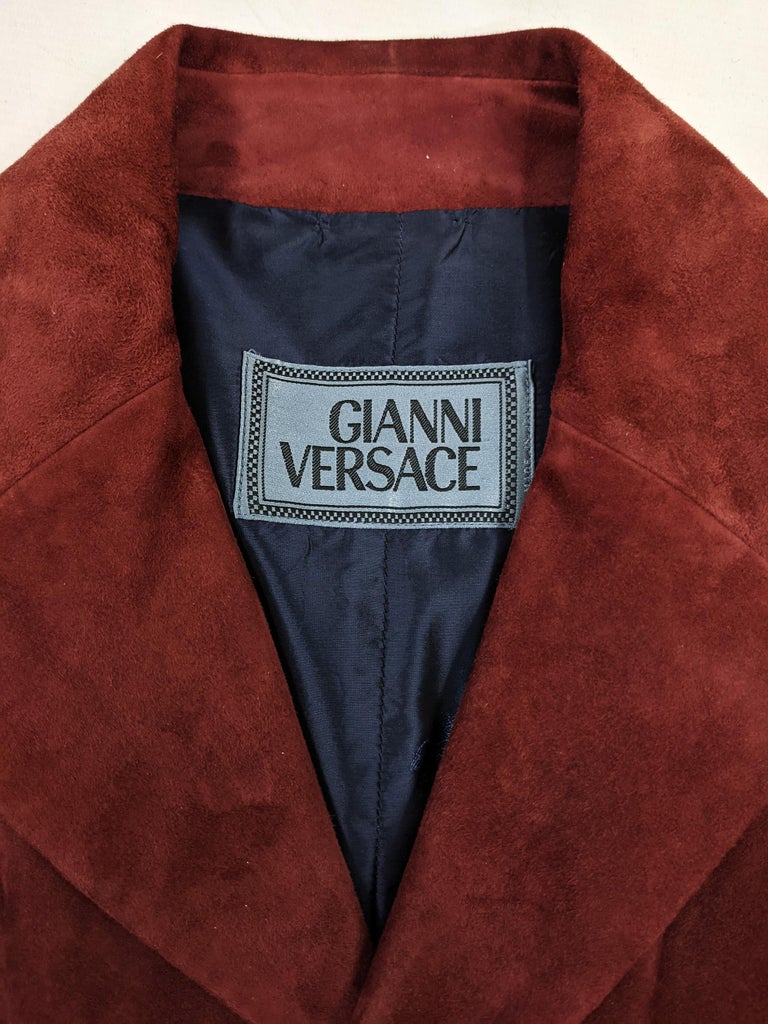 Gianni Versace Vintage Mens Red & Blue Suede Color Block Coat Jacket, A/W 1997 For Sale 4