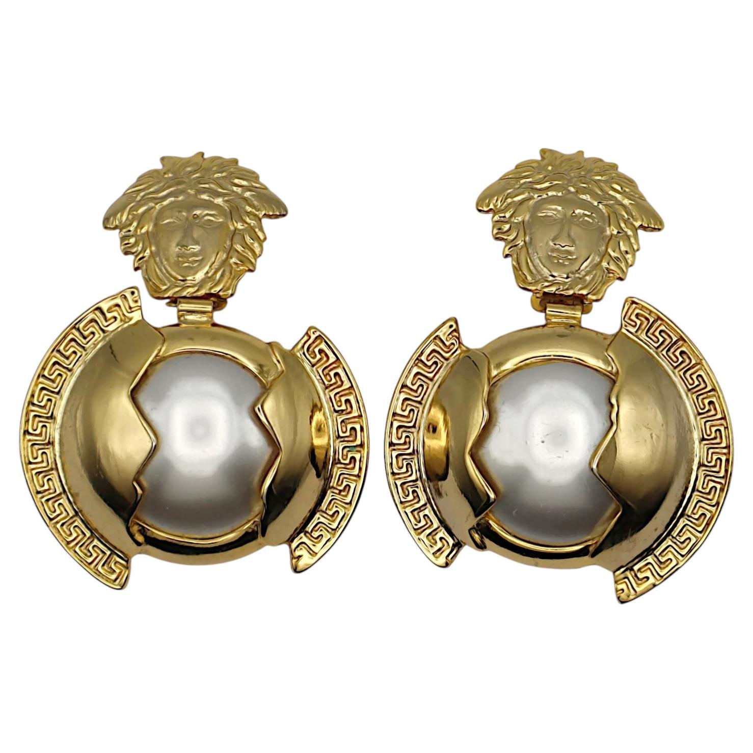 GIANNI VERSACE Vintage Oversized Gold-Tone Medusa Faux Pearl Dangle Earrings