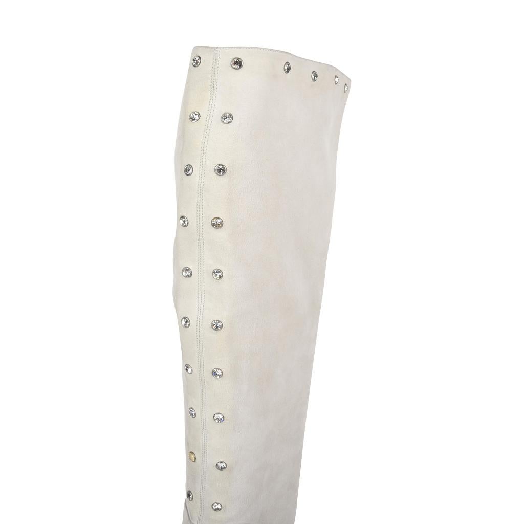 Gianni Versace Vintage Peeptoe Boots Pale Gray Suede Swarovksi Diamantes 40 / 10 For Sale 1