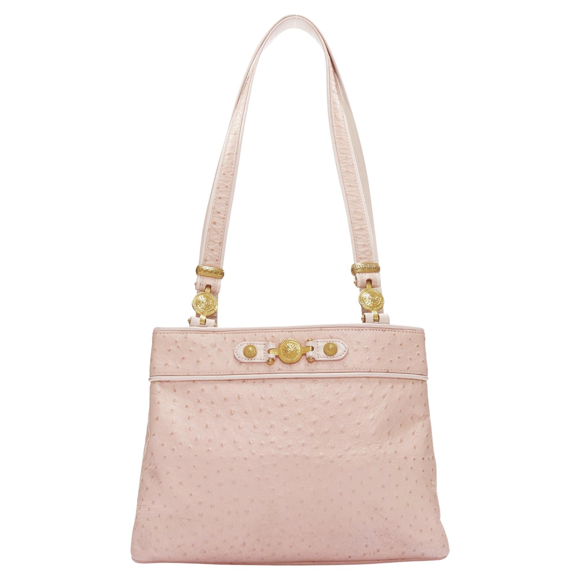 GIANNI VERSACE Vintage pink leather gold Medusa long strap tote bag For Sale