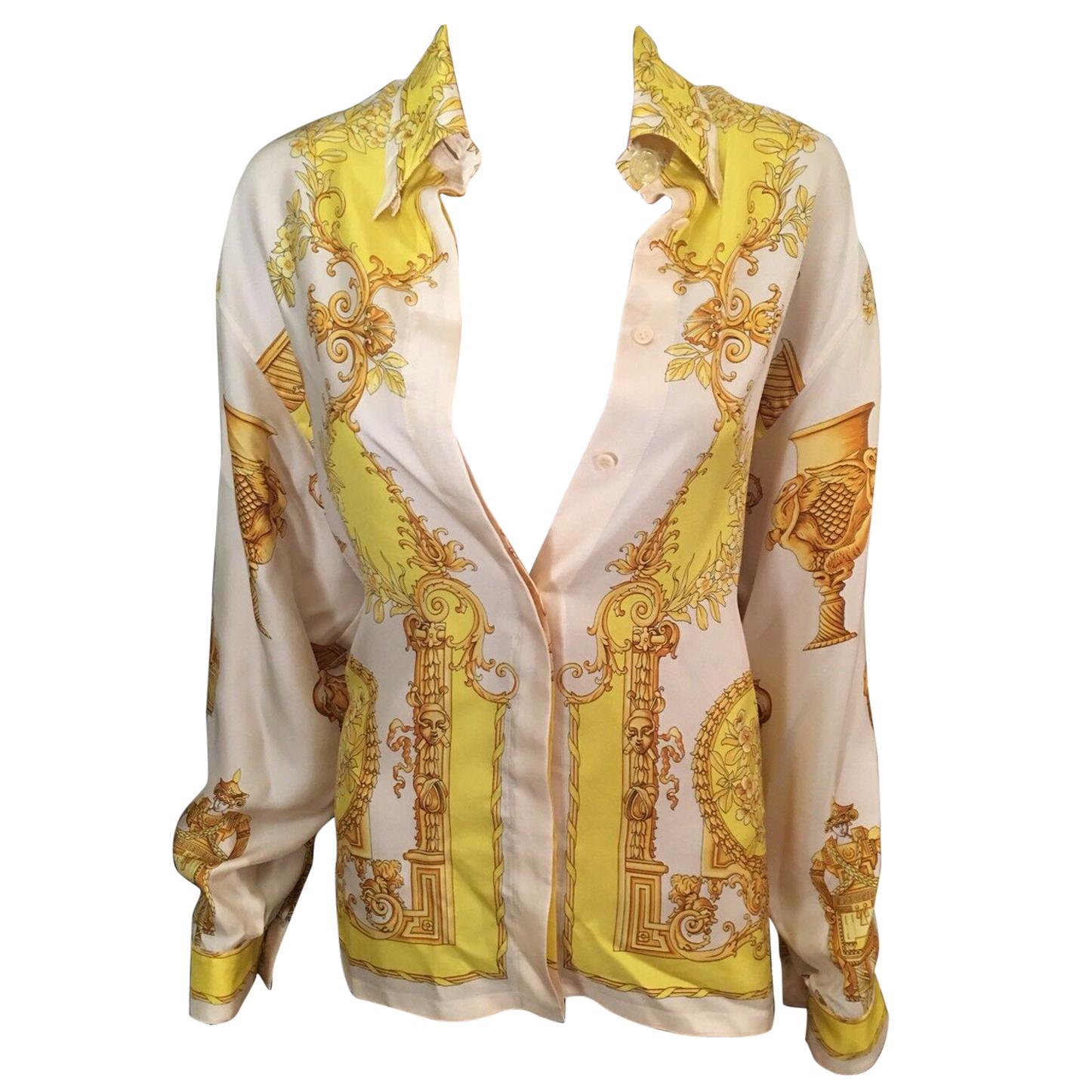 Gianni Versace Vintage Plunging Neckline Silk Shirt Top For Sale