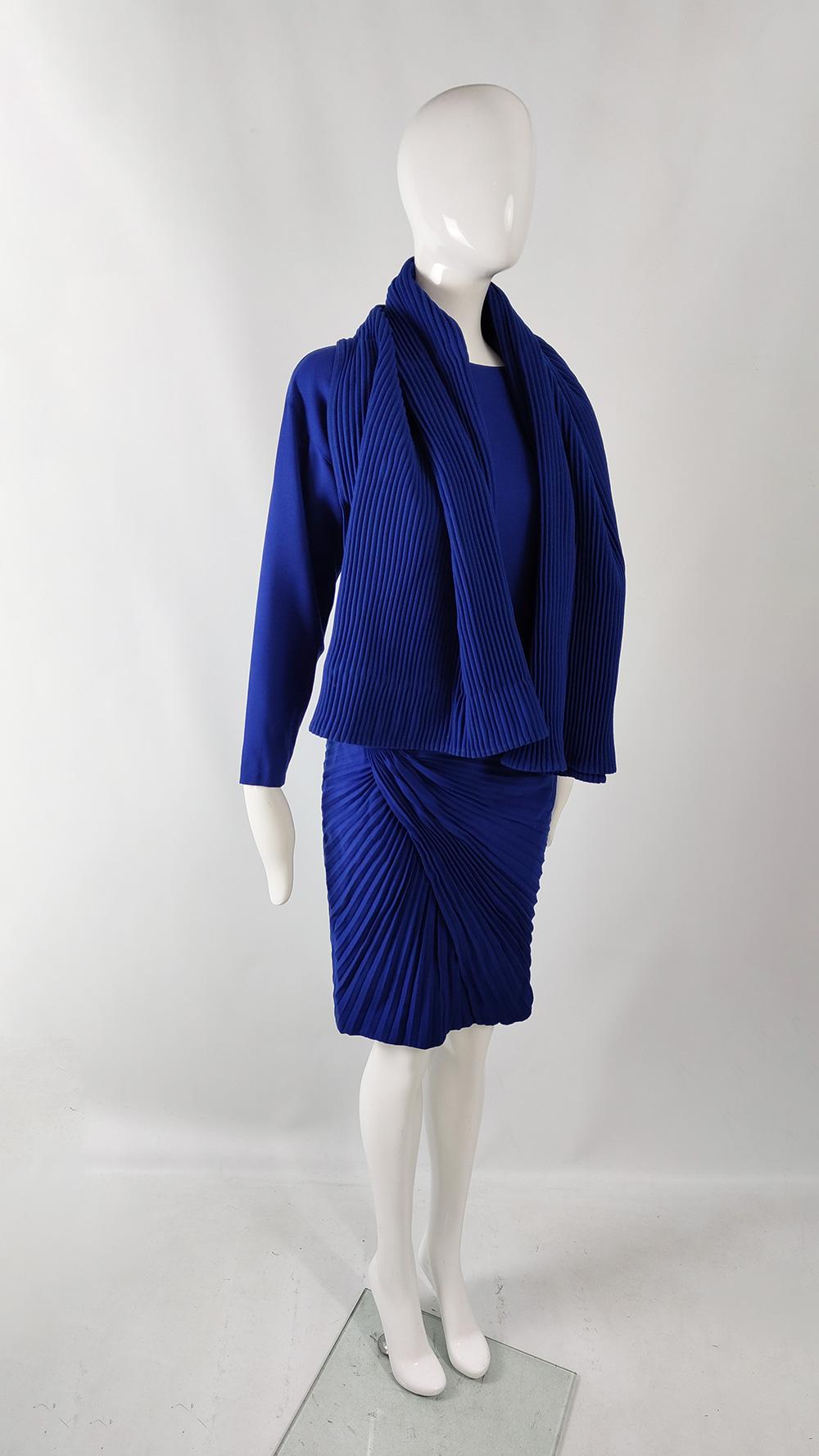 Women's Gianni Versace Vintage Royal Blue Pleated Wool Dress & Scarf Ensemble, A/W 1989