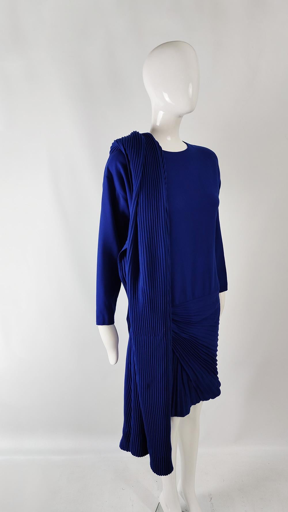 Gianni Versace Vintage Royal Blue Pleated Wool Dress & Scarf Ensemble, A/W 1989 1