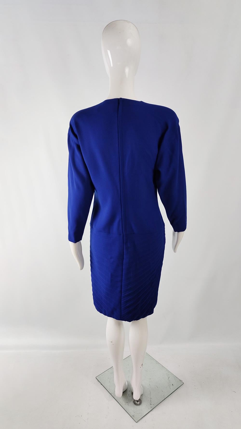Gianni Versace Vintage Royal Blue Pleated Wool Dress & Scarf Ensemble, A/W 1989 2