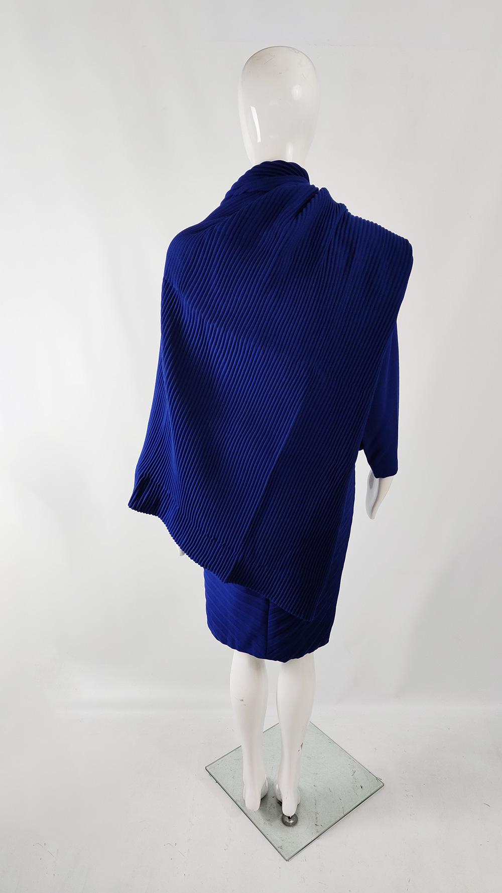Gianni Versace Vintage Royal Blue Pleated Wool Dress & Scarf Ensemble, A/W 1989 3