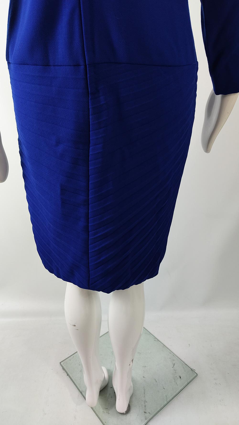 Gianni Versace Vintage Royal Blue Pleated Wool Dress & Scarf Ensemble, A/W 1989 4