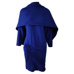 Gianni Versace Vintage Royal Blue Pleated Wool Dress & Scarf Ensemble, A/W 1989