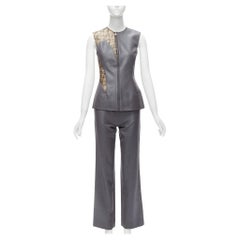 GIANNI VERSACE Vintage Runway grey nude lace mesh illusion vest pants IT38 XS