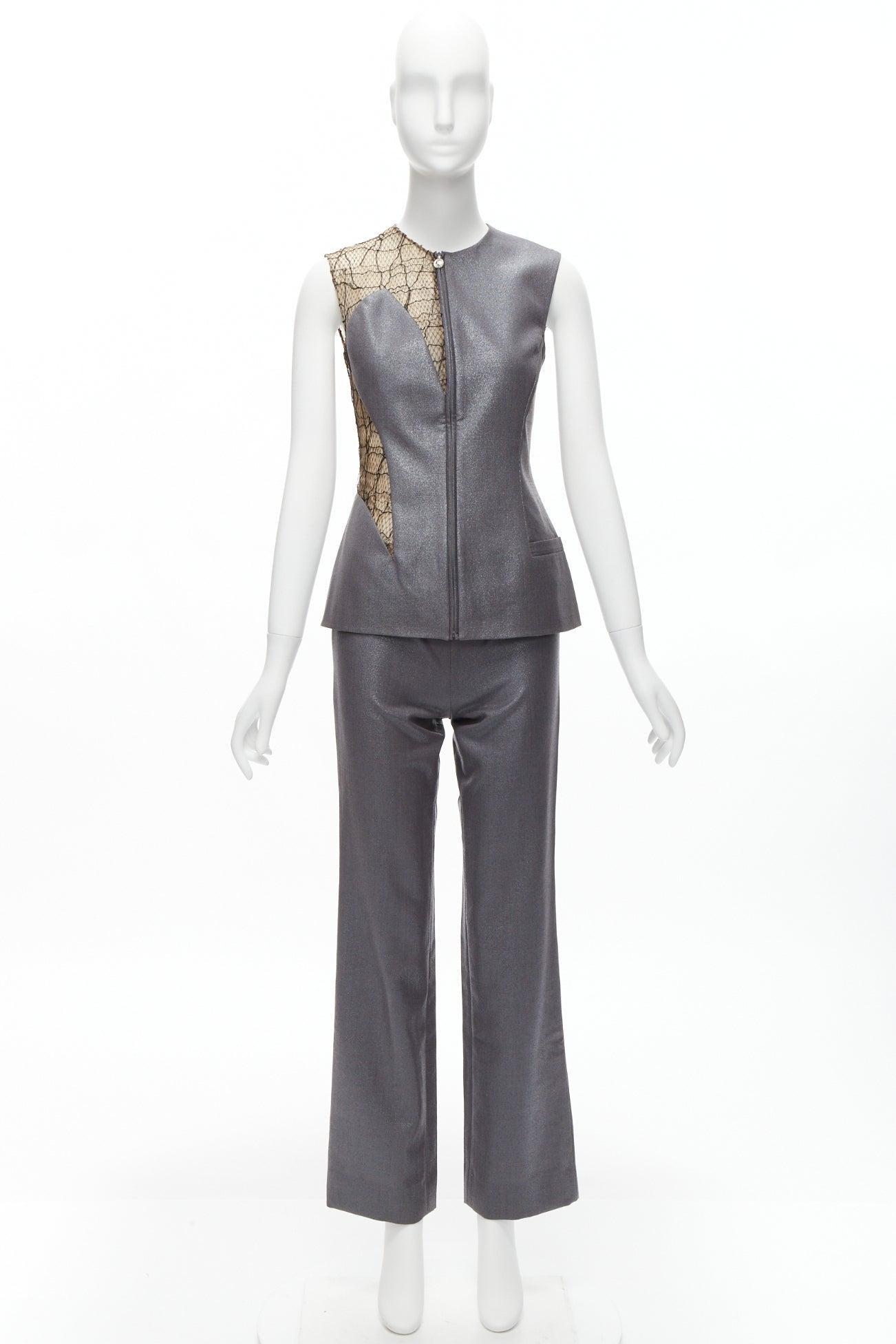 GIANNI VERSACE Vintage Runway lurex lace mesh panel vest pants suit set IT38  For Sale 9