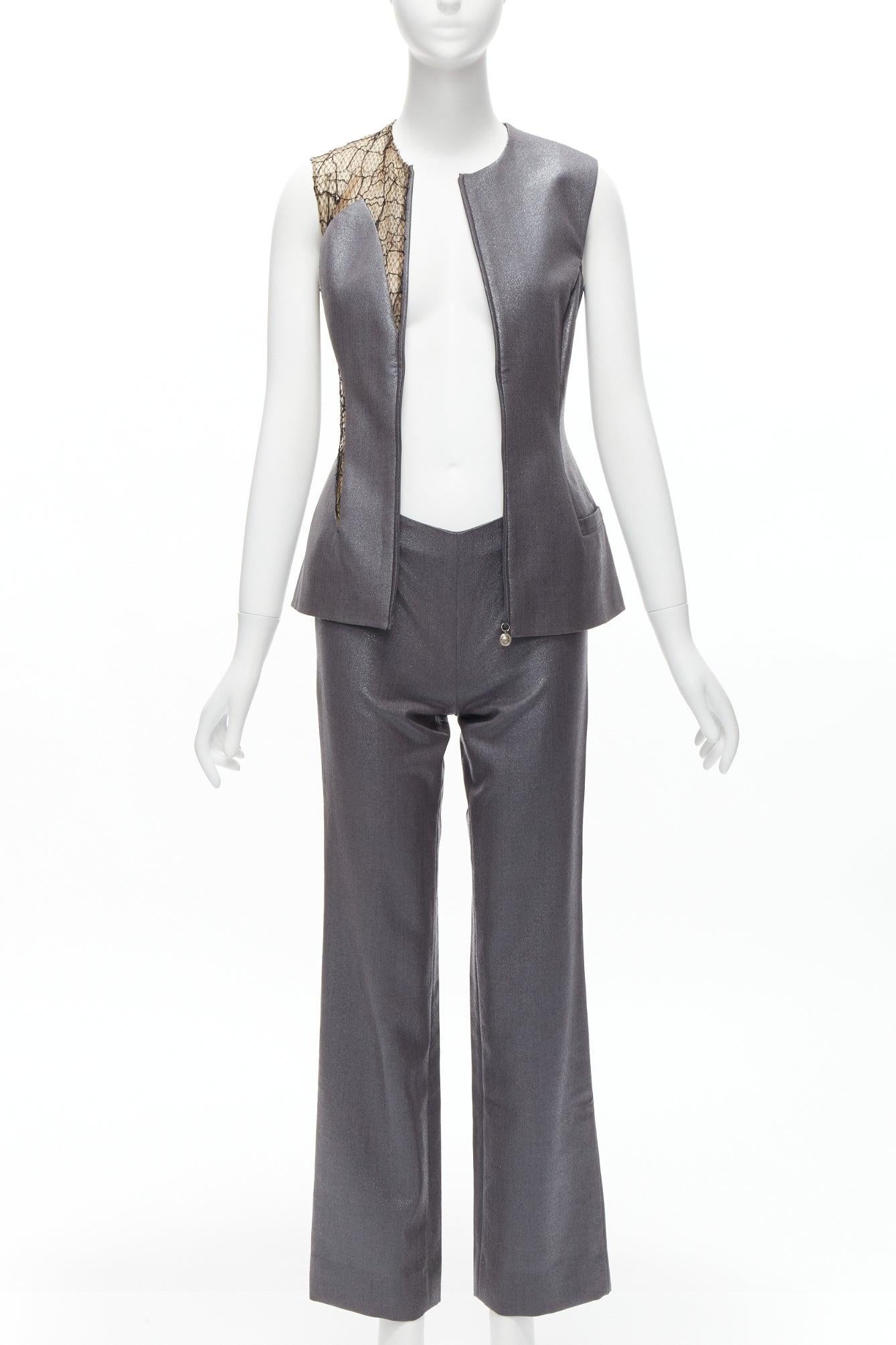 GIANNI VERSACE Vintage Runway lurex lace mesh panel vest pants suit set IT38  In Excellent Condition For Sale In Hong Kong, NT