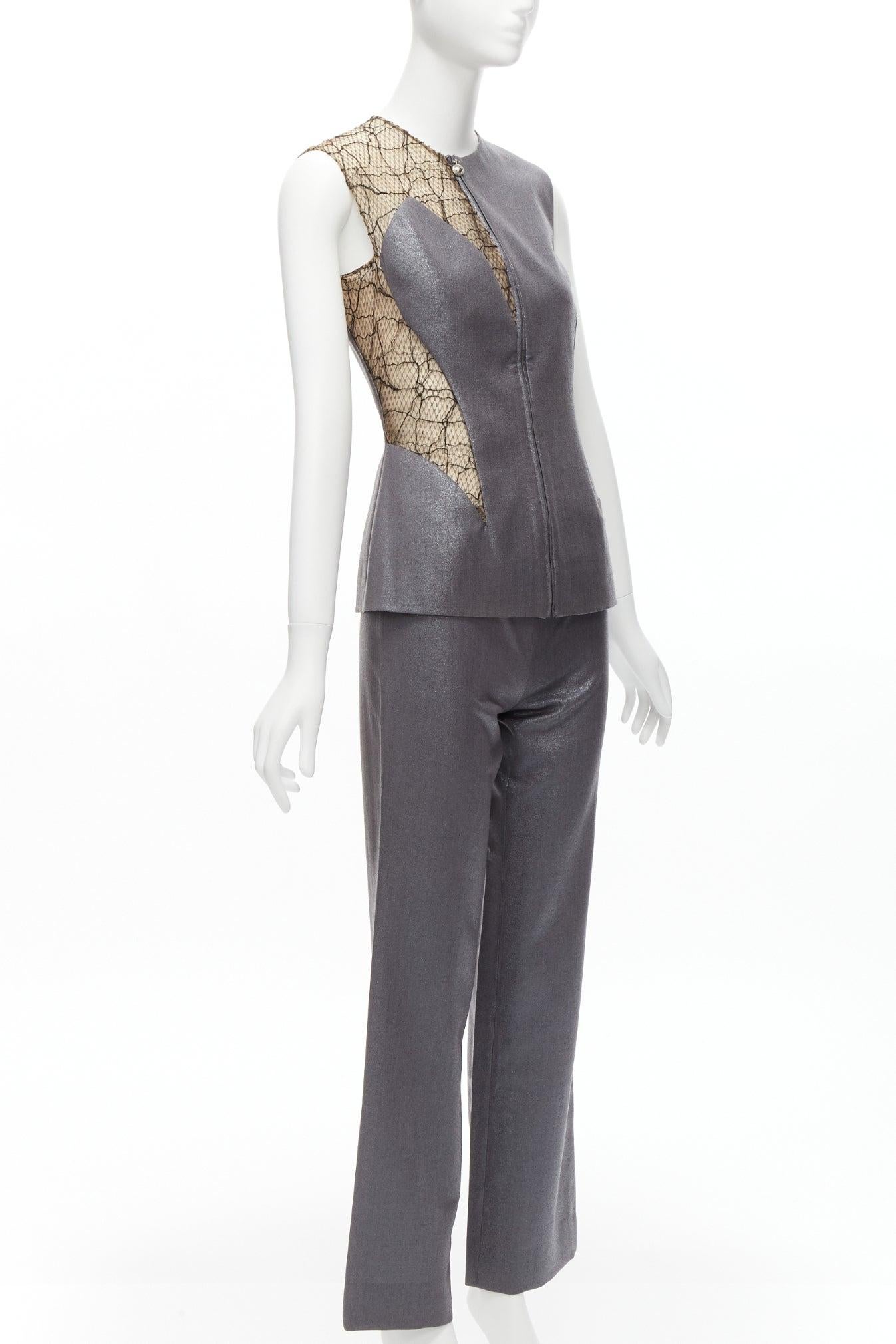 Women's GIANNI VERSACE Vintage Runway lurex lace mesh panel vest pants suit set IT38  For Sale