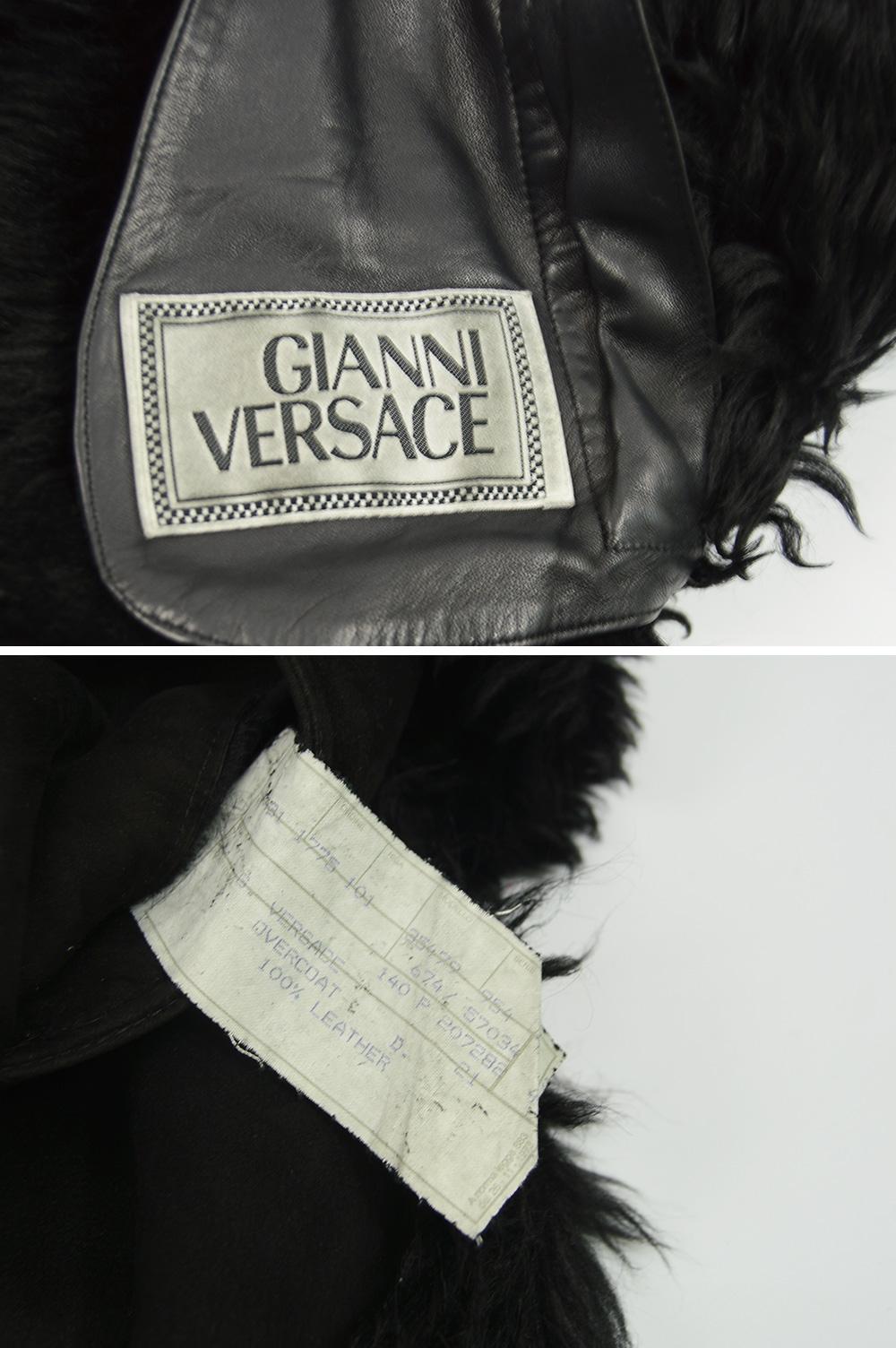 Gianni Versace Vintage Shearling Sheepskin Long Black Coat, 1990s 4